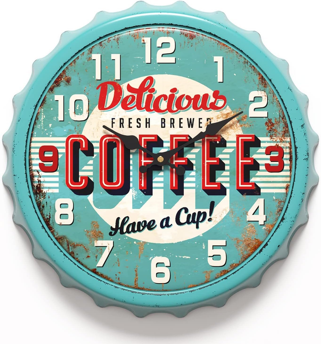Menterry Bottle Cap Design Iron Retro Wall Clock,13″ Blue Vintage Style | Silent Non-Ticking Battery Operated Creative Antique Decor Wall Clocks for Cafes,Farmhouse,Office,Kitchen
