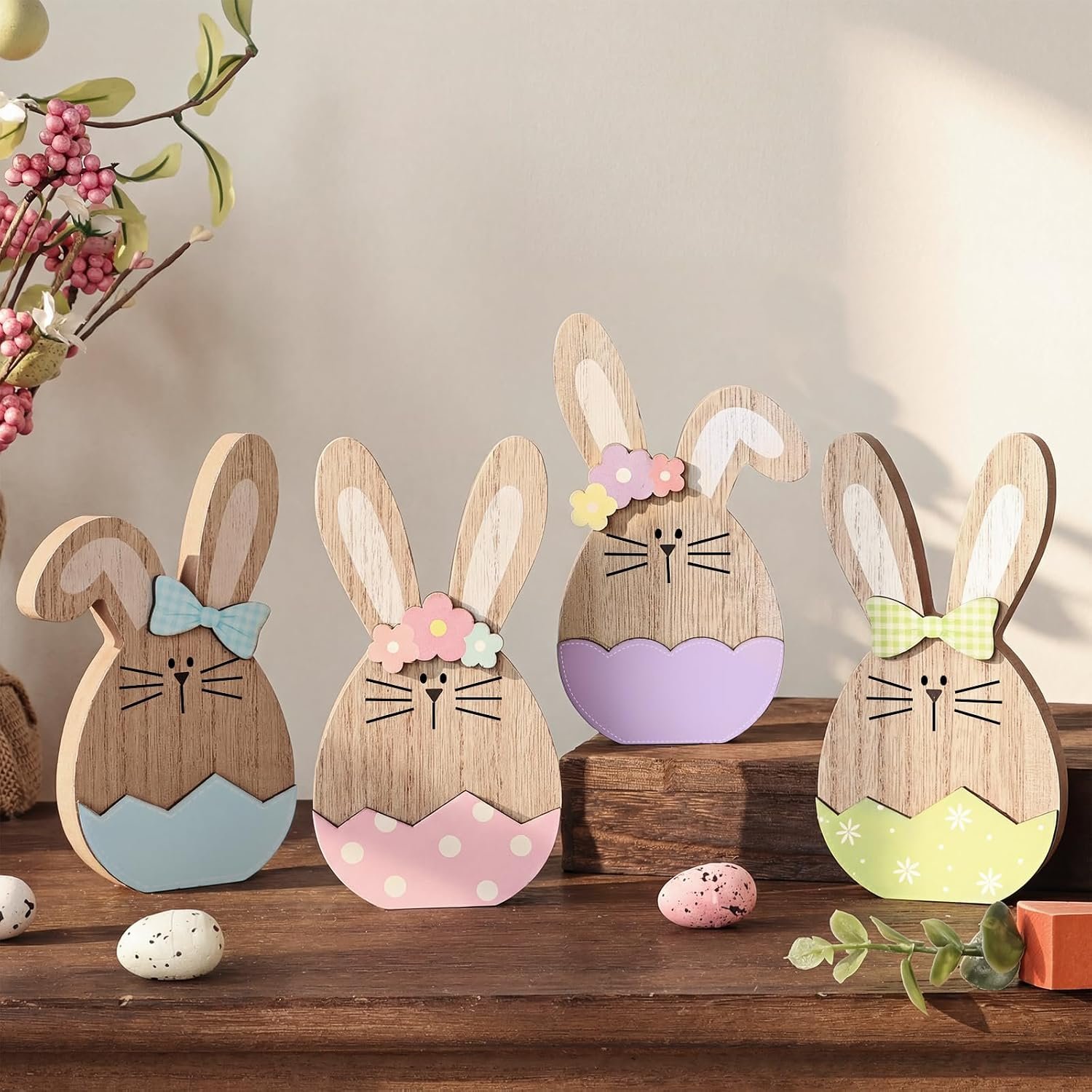Easter Decorations, Rustic Cute Wooden Easter Bunny Eggs Table Centerpiece Signs, Farmhouse Rabbit Ear Eggs Wood Spring Decorations for Home Mantel Tiered Tray Party Gifts