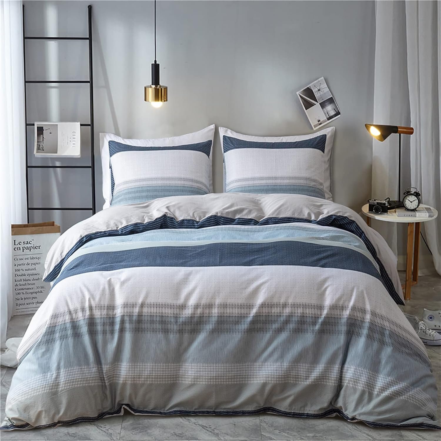 EAVD Cotton Duvet Cover Set Queen White Gray Blue Striped Duvet Cover Modern Geometric Striped Bedding Set for Boys Girls Women Men Blue Striped Queen Duvet Cover with Zipper Closure