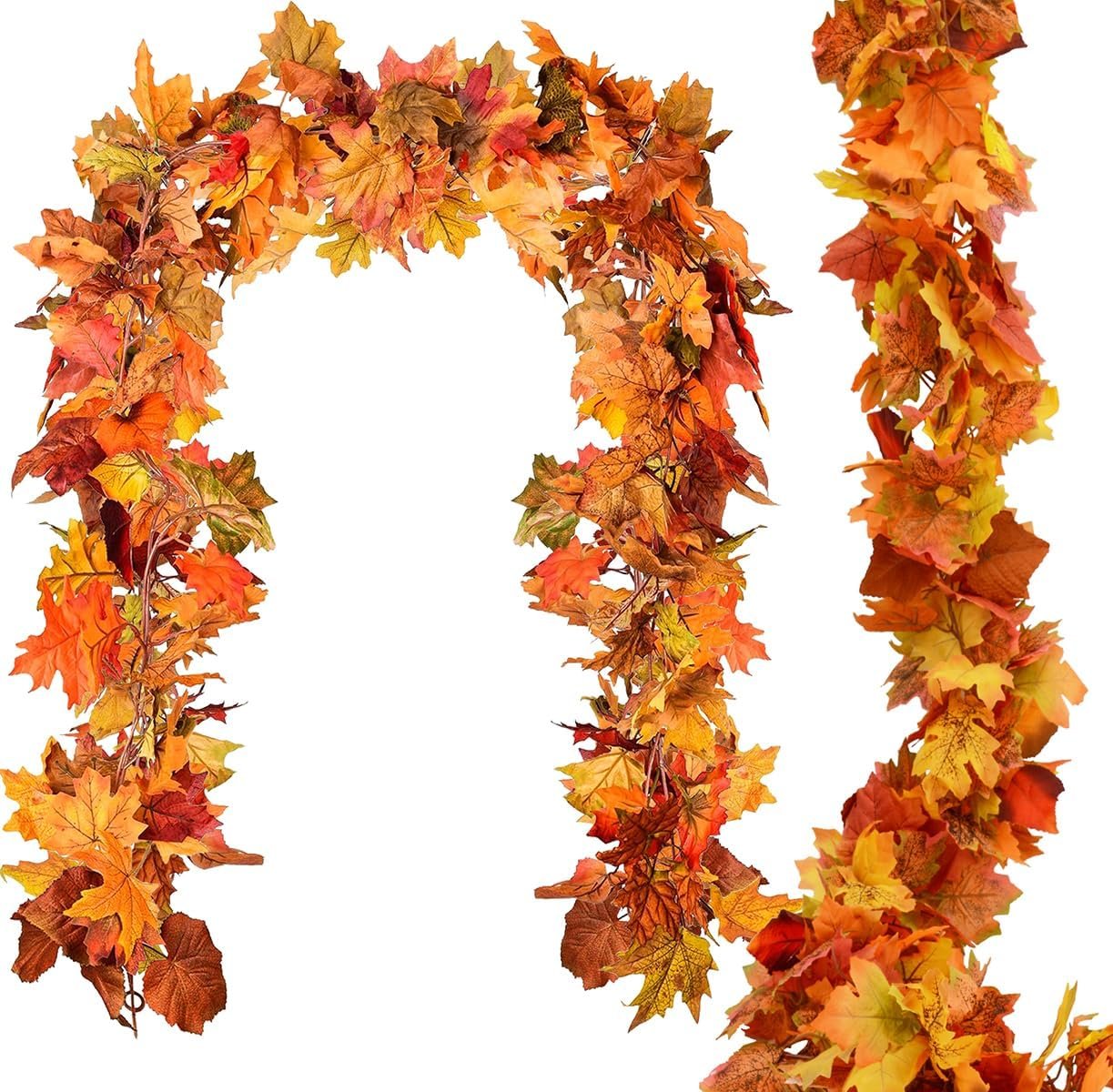 2pack Fall Garland Maple Leaf Garlands 5.9Ft/Piece Fall Maple Leaves Garland Hanging Vine Garlands Artificial Autumn Foliage Thanksgiving Christmas Decor (2, Orange)
