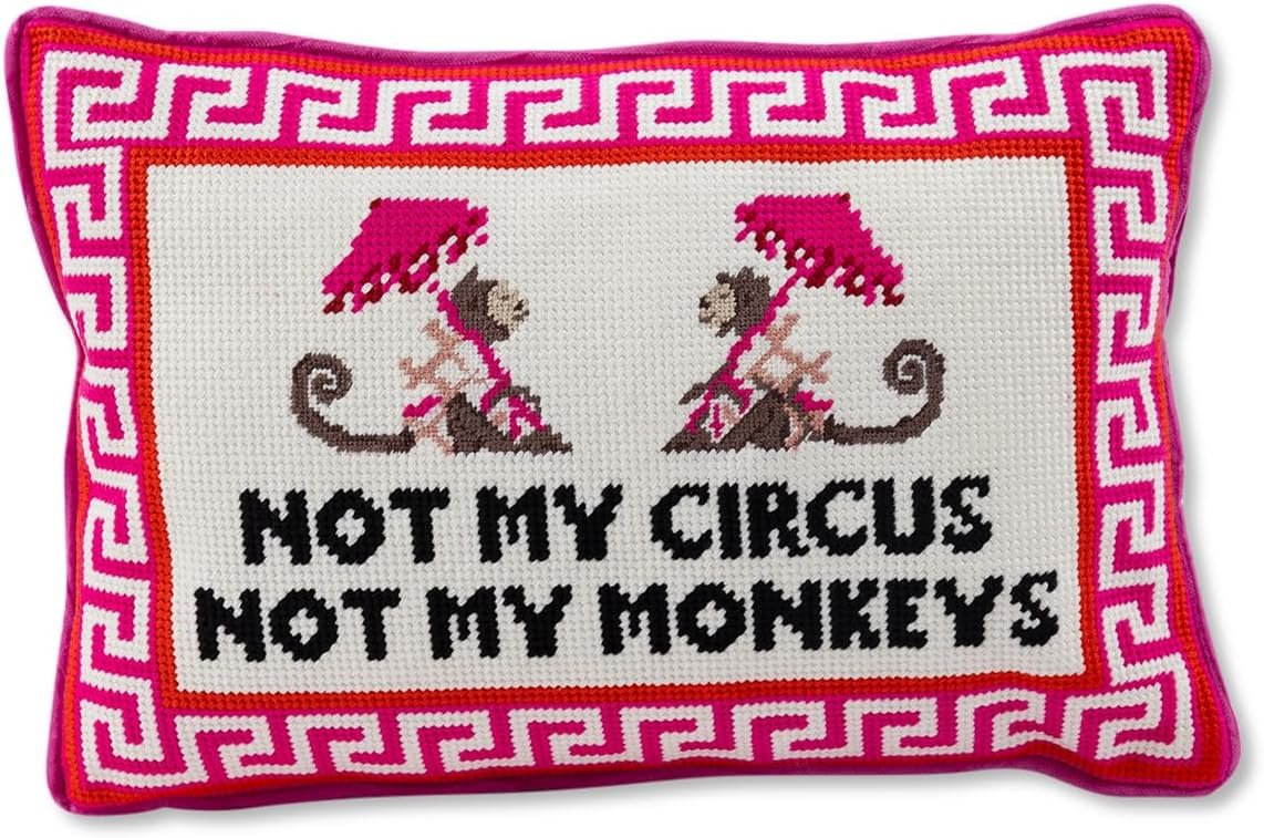 FURBISH Needlepoint Decorative Throw Pillow – Not My Circus Not My Monkeys, Small Embroidered Accent Pillow for Bed, Chair, Couch, Sofa, Eclectic Home Decor, 10″ x 14″
