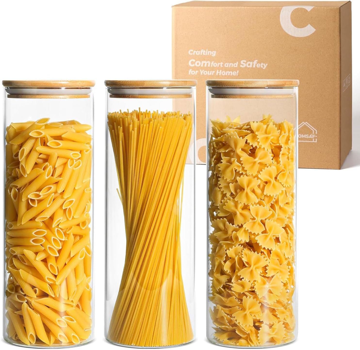 ComSaf Pasta Containers Storage 2 Qt, Spaghetti Container, 3 Pack Glass Jar | 11.3-inch Tall Glass Jar, BPA Free, Glass Storage Containers wtih Lids, Noodles, Cereal, Dry Food Storage, 70oz Pasta Holder