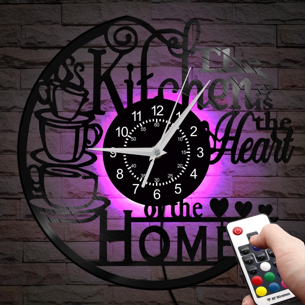 12” Kitchen Vinyl Record Wall Clock 7 Kinds of LED Color, Kitchen Heart Home Theme Wall Clock Night Light Silent Non Ticking Coffee Bar Wall Watch Clock for Women Wife Restaurant Dining Room