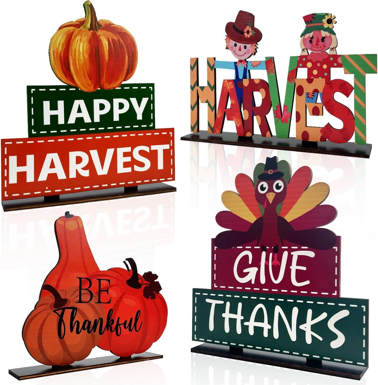 4 Pack Thanksgiving Decorations for Table Centerpieces Signs, Fall Wooden Pumpkin Harvest Decor for Home Pumpkin Tiered Tray Decorations Farmhouse Autumn Turkey Table Topper