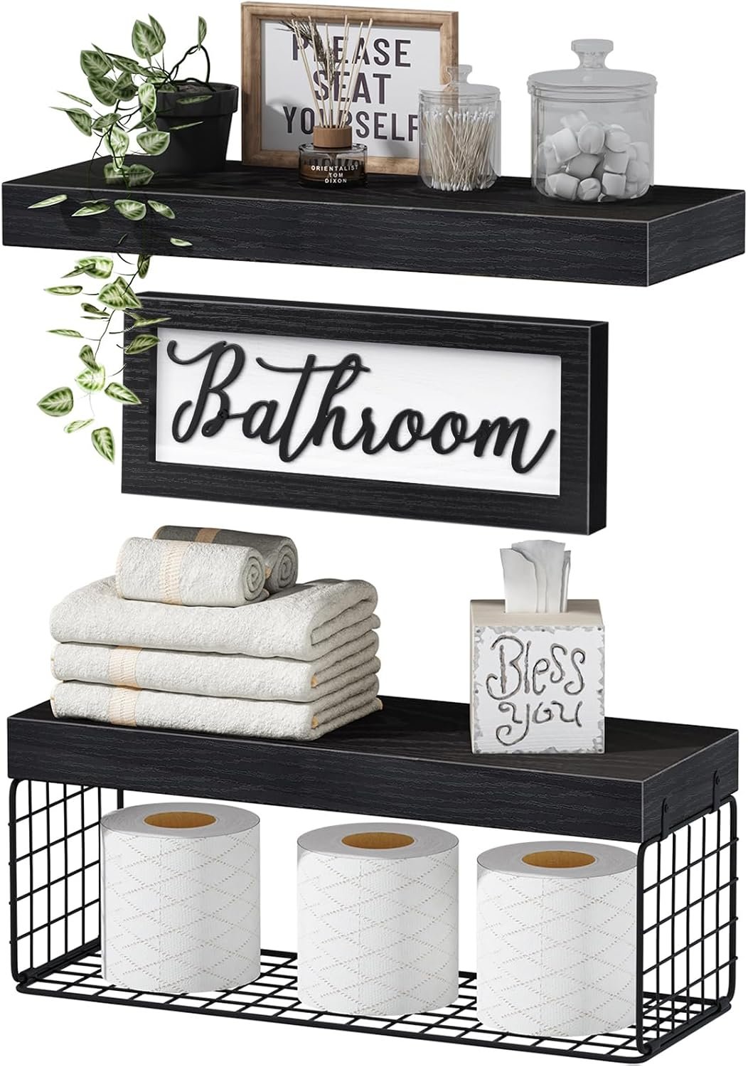 QEEIG ‎Bathroom Shelves Over Toilet – Paper Storage Wall Mounted Farmhouse Decor Decorations Aesthetic Décor Sign Small Floating Shelf 2+1 Set 16 inch, Black (020B)