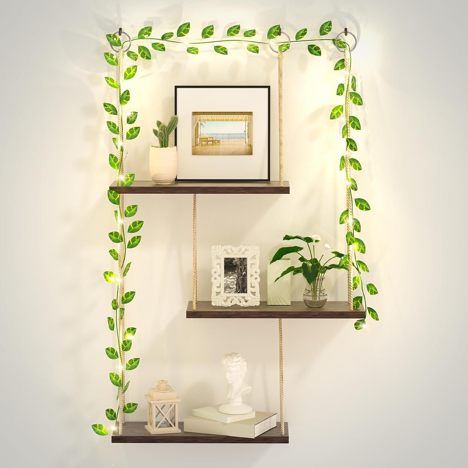 Hanging Shelves for Wall, 3 Tier Boho Wall Decor Hanging Shelf with Vine Lights, Rope Rustic Wood Floating Shelves Floral Plant Decor for Bedroom Living Room Dorm Office Women
