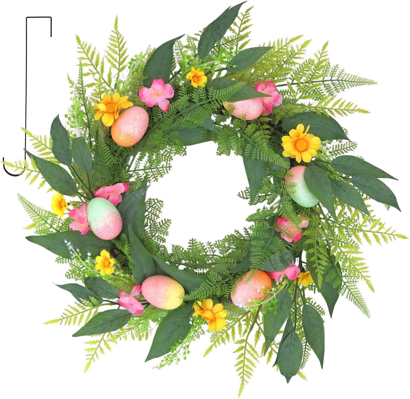 22 Inchs Spring Easter Wreath, Farmhouse Artificial Spring Wreath, Decor with Colorful Easter Eggs, Yellow and Pink Flowers & Green Eucalyptus Leaves, for Door Wall Window Fences