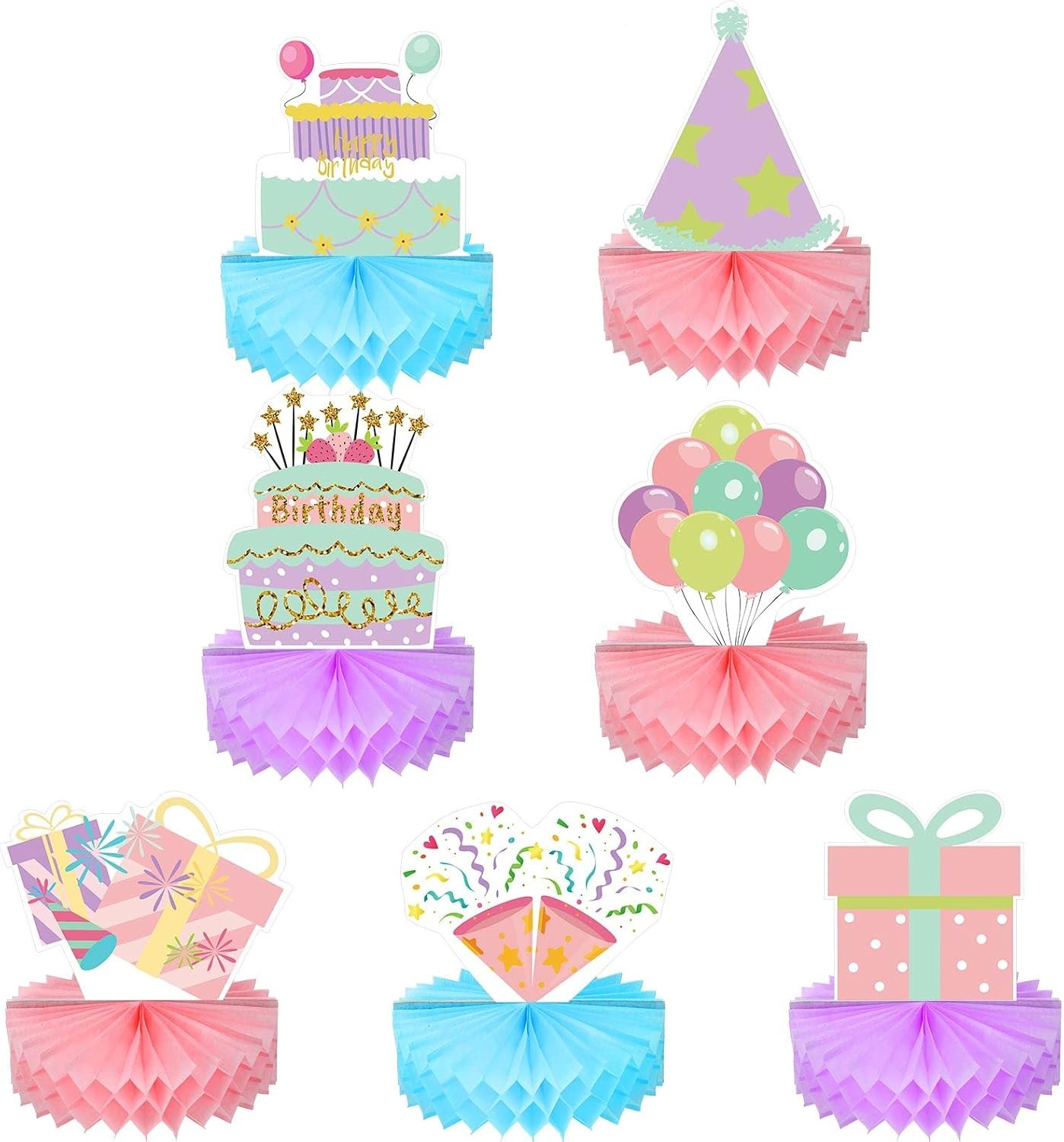 Kisston 9 Pieces Happy Birthday Centerpiece Decorations Pastel Honeycomb Table Sign Rainbow Birthday Honeycomb Table Decor for Girl Women Christmas Gift Honeycomb Centerpieces