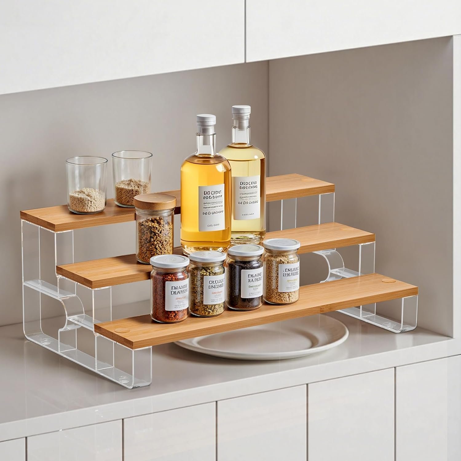 junyuan Spice Rack Organizer for Cabinet,3 Tier Spice Organization for Kitchen,Bathroom Organizers and Storage,Seasoning Countertop Shelf,Bamboo Display Shelves Racks,Clear 11.2″