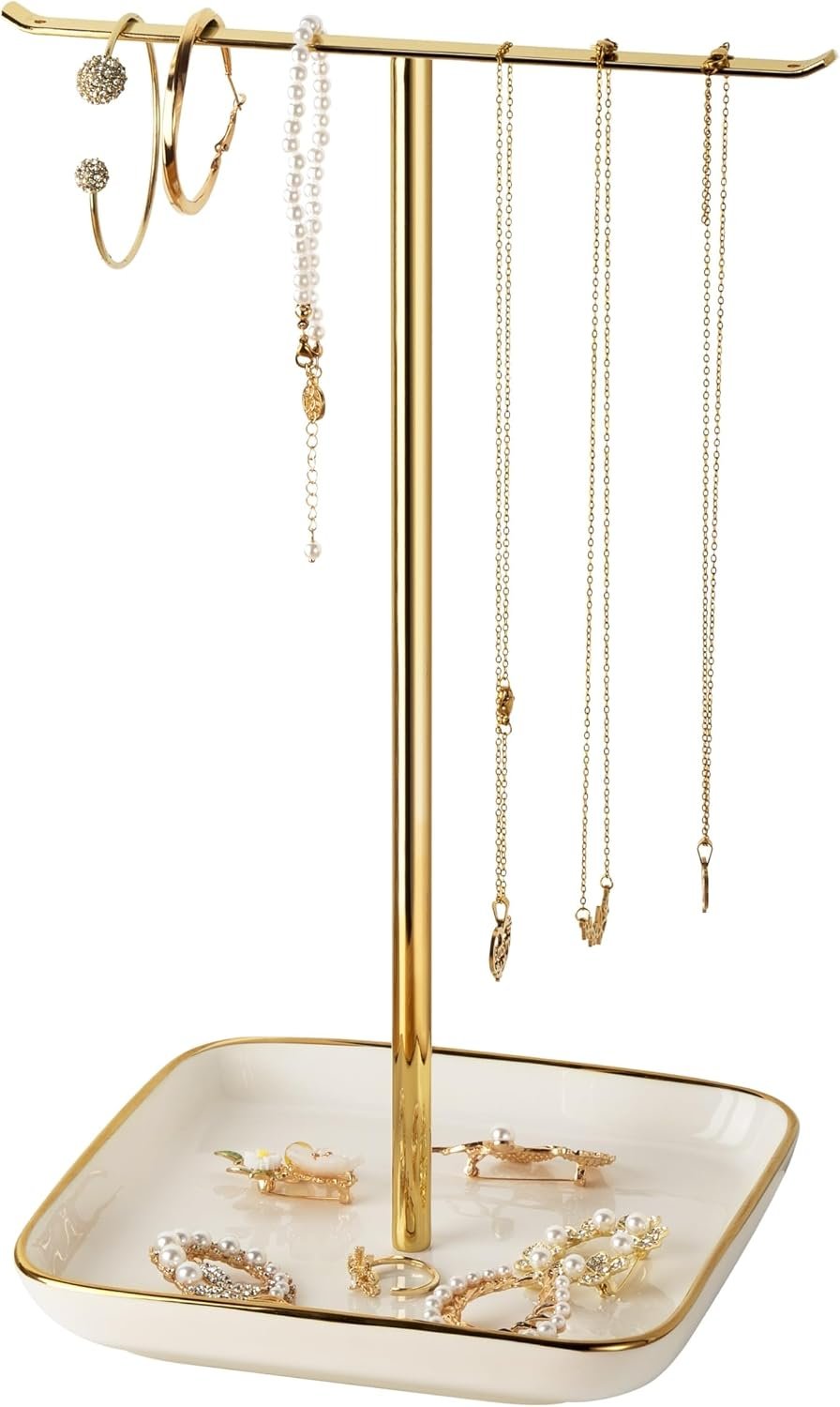 pickpiff Necklace Holder Stand with Ceramic Base: 12″ Jewelry Tree Display Organizer for Necklaces, Bracelets, Rings, Earrings, Tall Gold Stand for Women, Aesthetic Room Décor, Gold and White