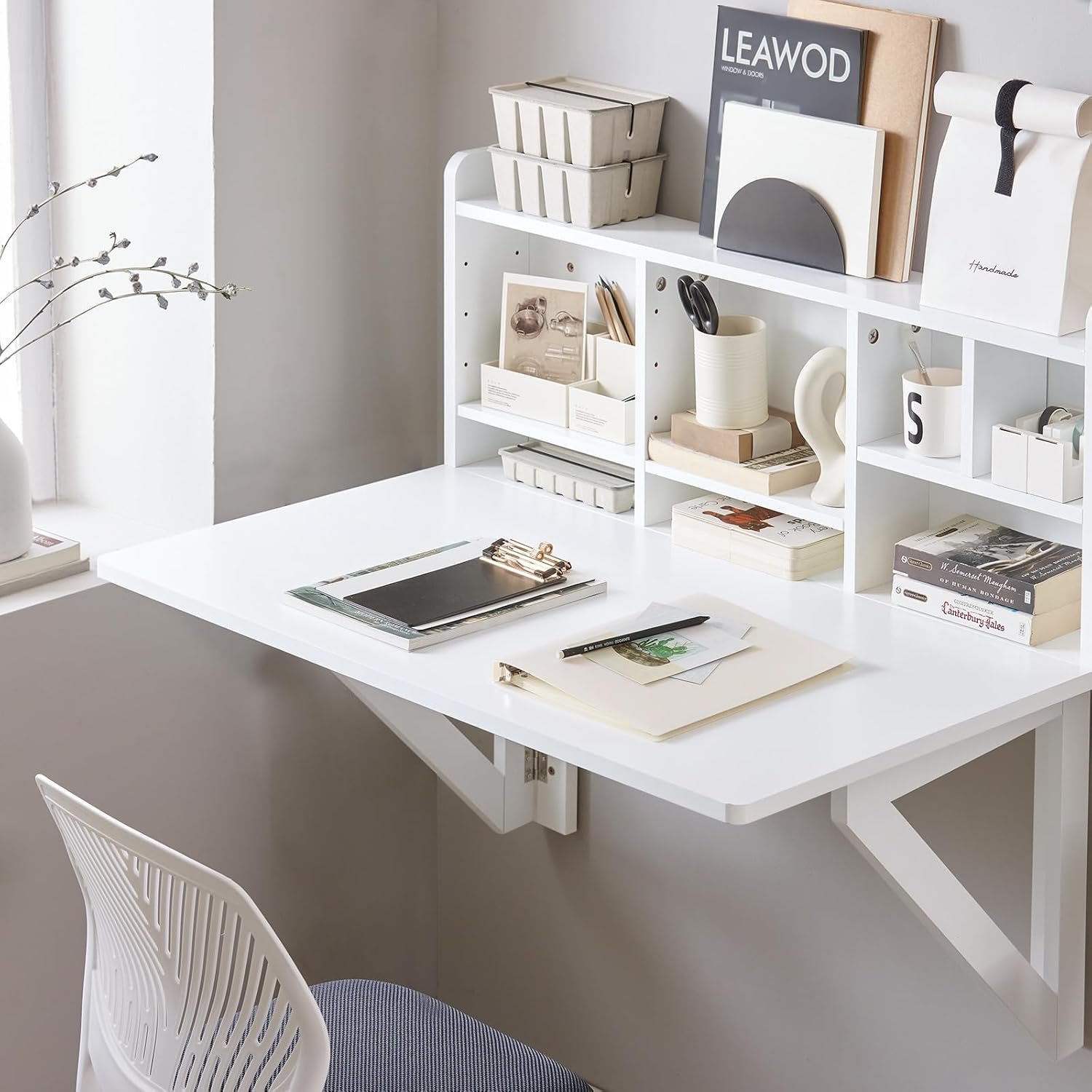 SoBuy Wall Mounted Folding Table, Foldable Floating Desk for Small Spaces, Fold Down Workstation Table with Adjustable Shelf for Home Office, Bedroom or Kitchen, White FWT07-II-W