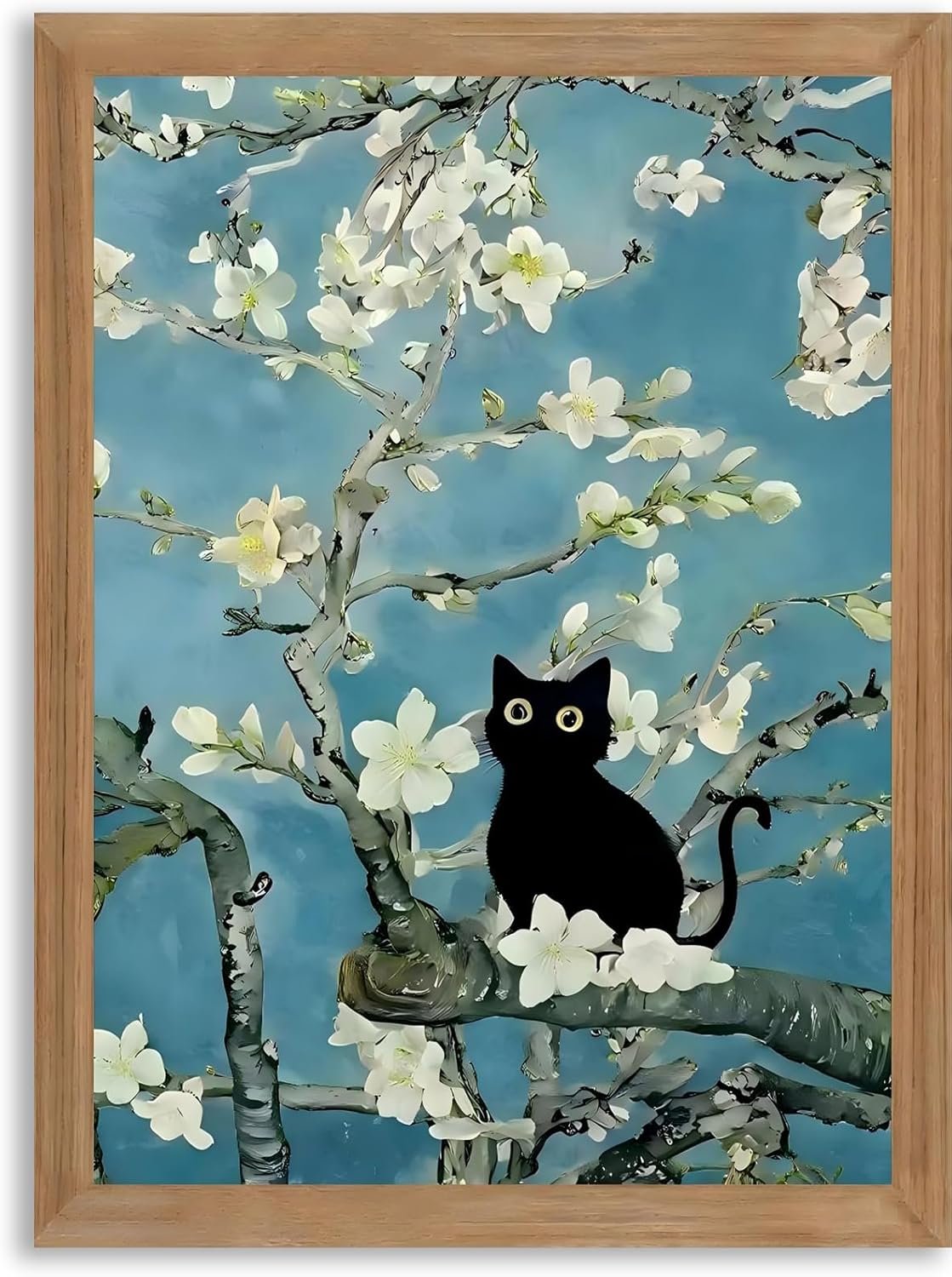AXILANG Black Cat Wall Art Framed, Vintage Floral Cat Canvas Painting, Funny Aesthetic Blue Almond Blossom Artwork, Cute Animal Wall Decor for Bedroom Bathroom Living Room, 8×10