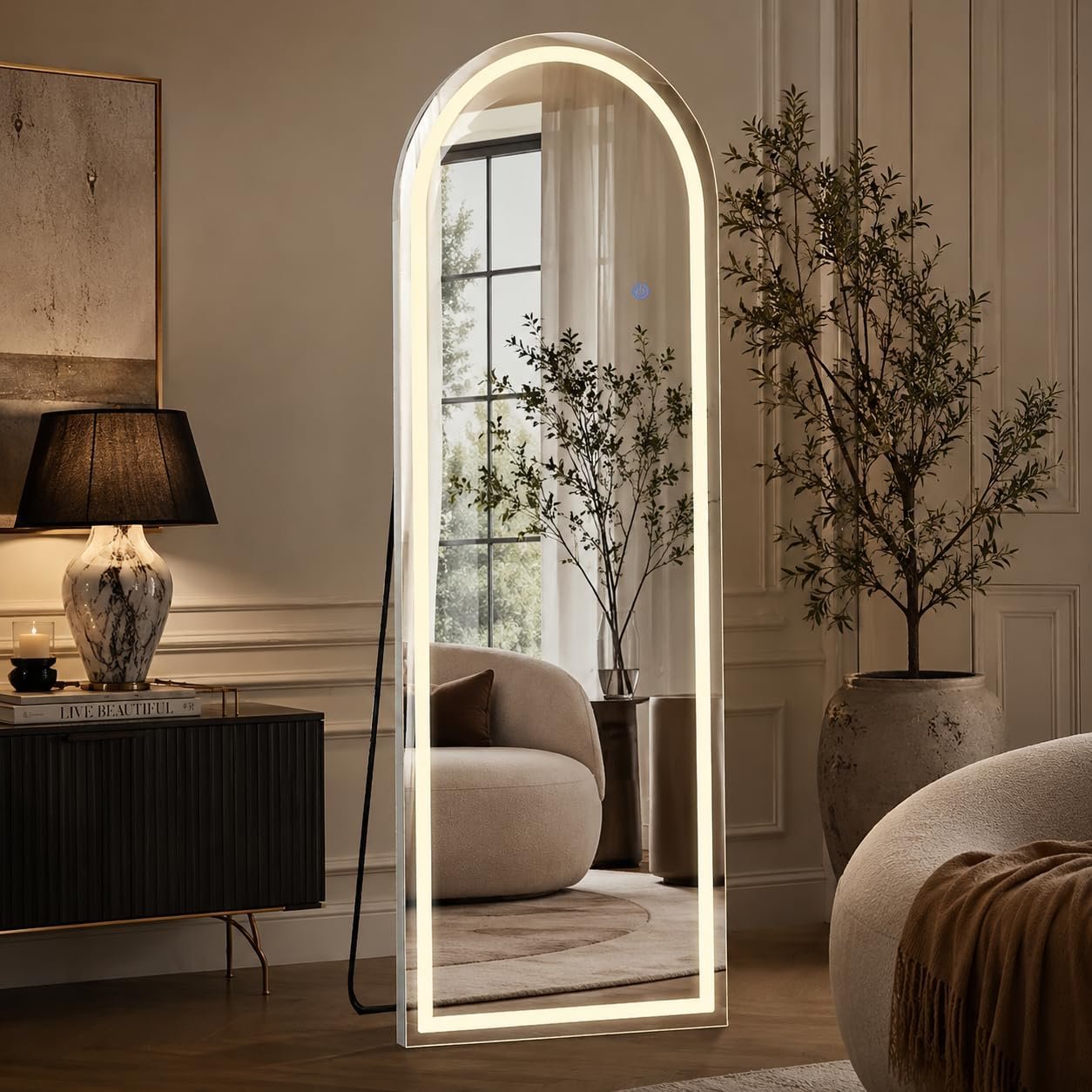 Arched Full Length Mirror with LED Lights, 60″x16″ LED Floor Mirror with Stand, Body Floor Mirrors with Dimming & 3 Color Lighting, Wall Mounted LED Mirrors for Bedroom, Dressing Room, Cloakroom