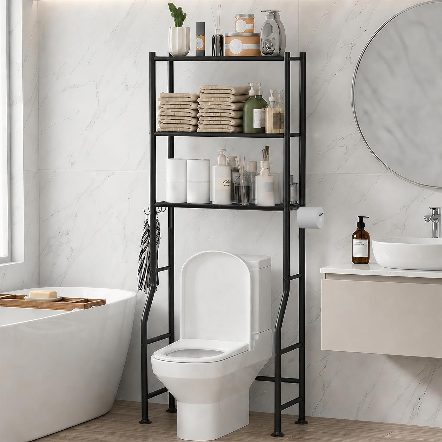 GloTika 3-Tier Over Toilet Storage with Anti-Tilt Safety System – 150lb Total Capacity Metal Bathroom Shelves Including Paper Holder & 4 Hooks, Space Saving Above Commode Organizer (64″ H, Black)