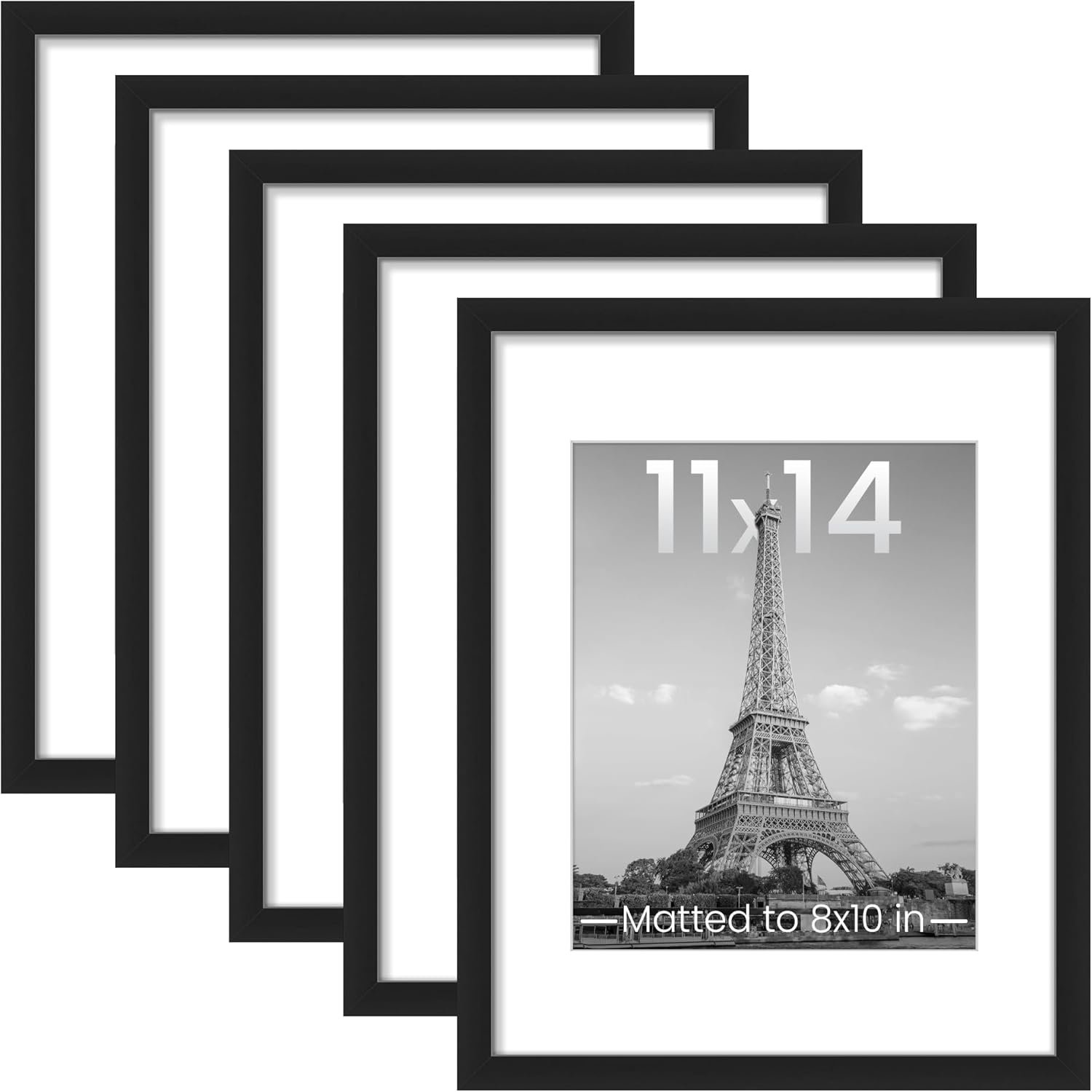 upsimples 11×14 Picture Frame Set of 5, Display Pictures 8×10 with Mat or 11×14 Without Mat, Wall Gallery Photo Frames, Black