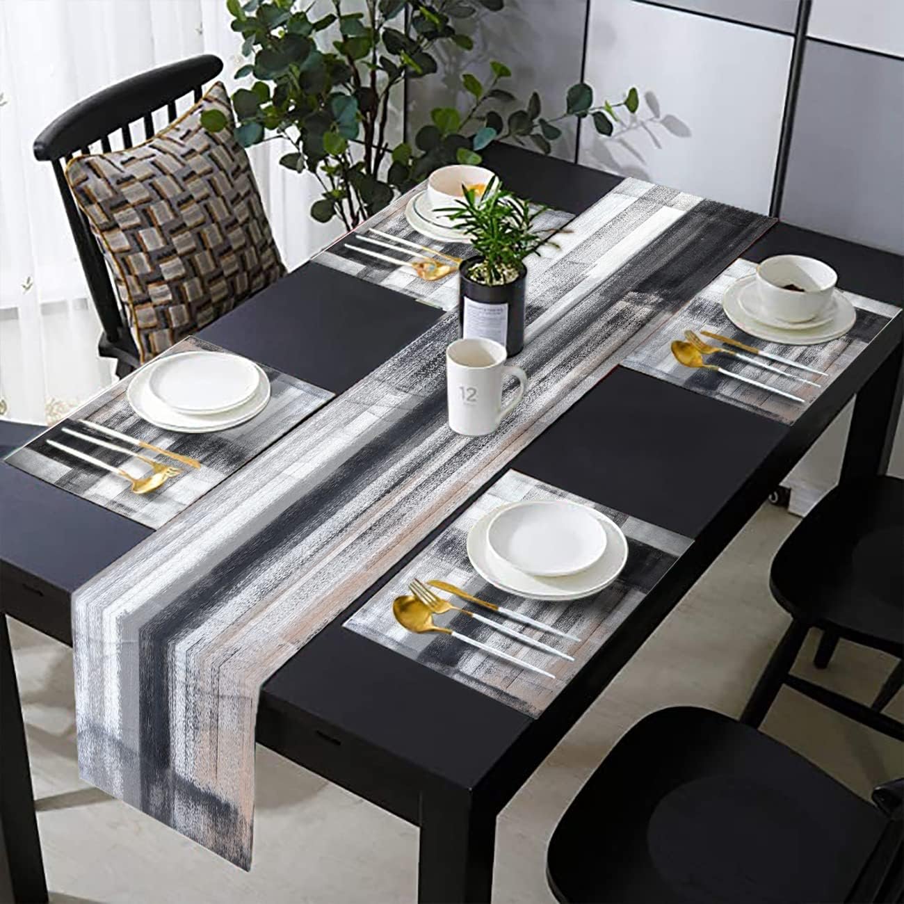 Black and Grey Modern Table Runner and Place Mats Set of 6 Abstract Black and White Gray Pink Linen Dining Mat Sets Washable Ivory Tabletop for Home Table Decorations 70 Inches Long | Abstract Black and White Gray Pink Linen Dining Mat Sets Washable Ivory Tabletop for Home Table Decorations