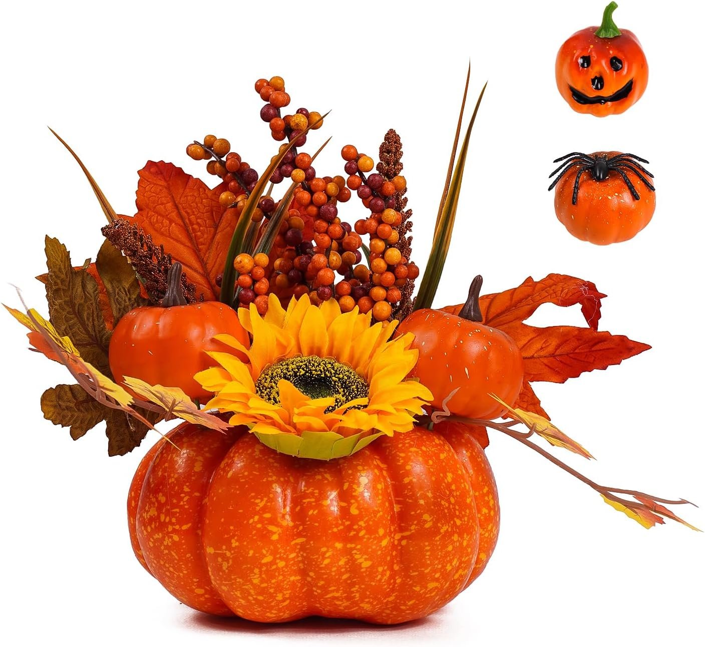 HEY FOLY 9″ Artificial Pumpkin Centerpiece, 2-in-1 Fall Table Decor with Replaceable Mini Fake Pumpkins for Halloween and Thanksgiving