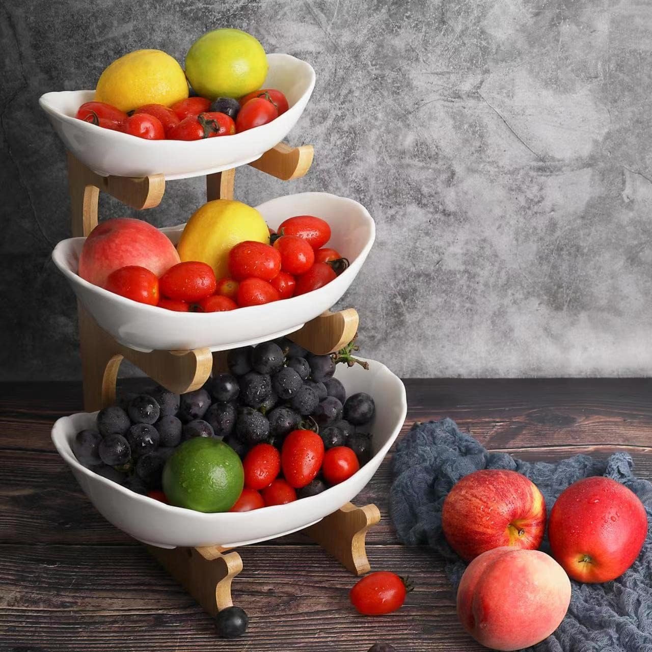 SEVEN SPARTA Fruit Bowl for Kitchen Counter – 3 Tier Ceramic Serving Bowls with Bamboo Stand, Tiered Fruit Basket for Fruit Vegetable Storage, Cake, Dessert, Nuts, Snack, Salad (Dishwasher safe)
