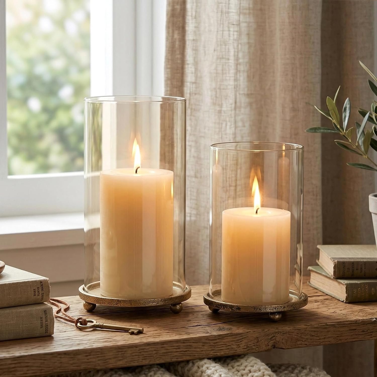 Hurricane Candle Holders Set of 2 – Pillar Candle Stands with Glass Sleeves for Fireplace Mantel & Dining Table Centerpiece Decor (Gold)