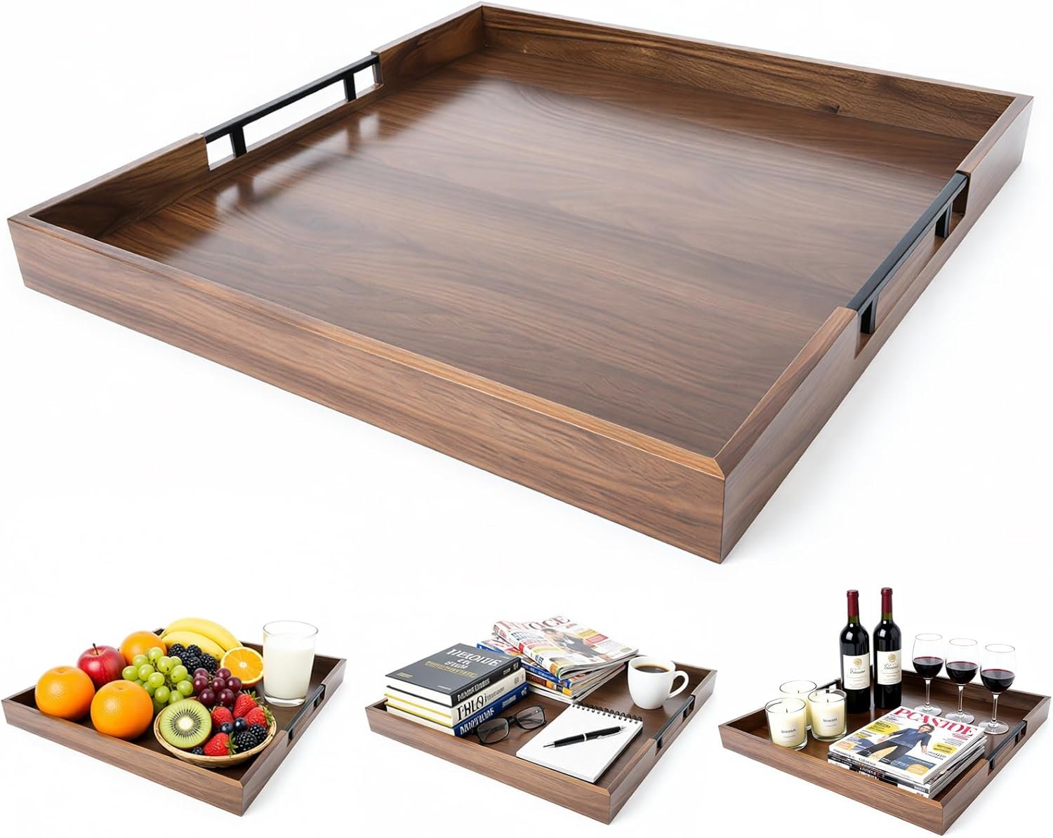 20 Inch Large Square Ottoman Tray, Premium Acacia Wooden Serving Tray with Metal Handles, Large Decorative Tray for Living Room, Ottoman, Coffee Table, Charcuterie Trays Use for Kitchen
