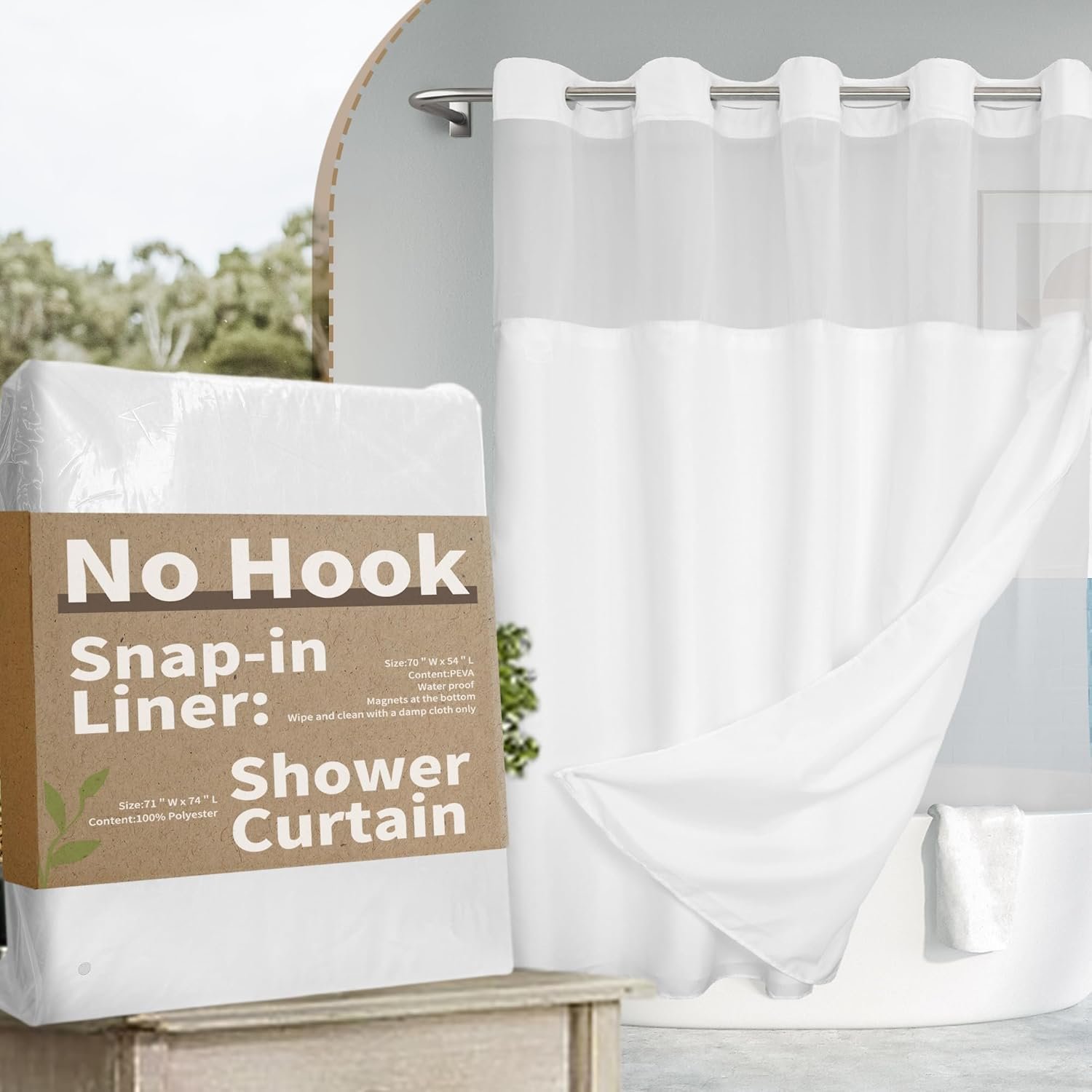 River Dream No Hook Slub Textured Shower Curtain with Snap-in PEVA Liner Set – 71″ x 74″(72″), Hotel Style with See Through Top Window, Fabric Outer Curtain & Waterproof Inner Liner, White, 71×74