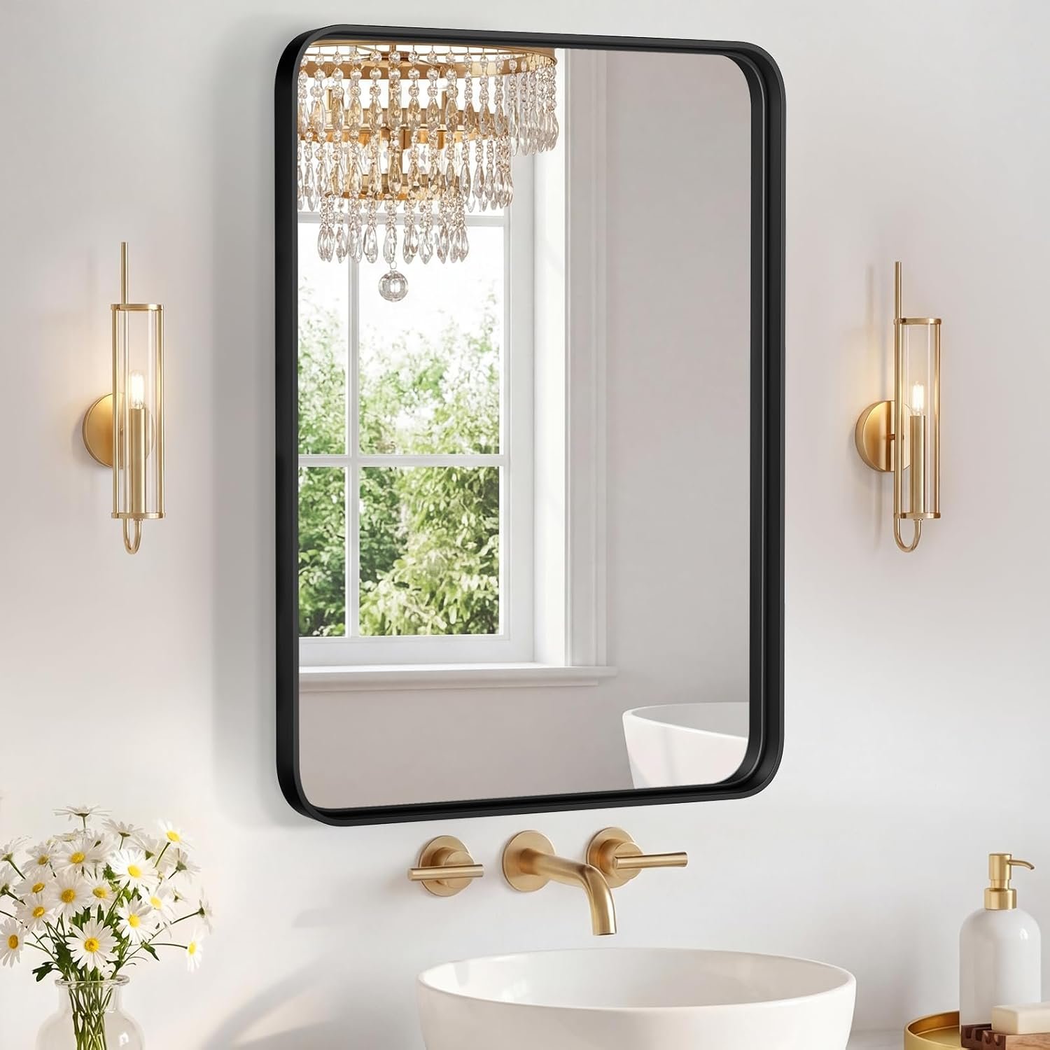 OLIXIS Bathroom Mirror for Over Sink, 30×22 Inch Wall Mount Mirror, Black | Rounded Rectangle Mirror with Matte Metal Framed, Modern Wall Vanity Mirror for Home Decor, Living Room