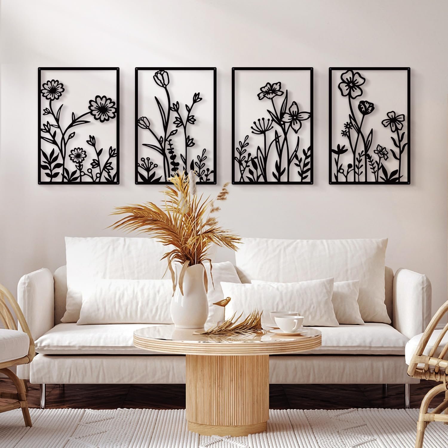 Sokurdeg Black Metal Flower Wall Decor, Minimalist Floral Botanical Wall Art, Abstract Line Boho Farmhouse Decor for Living Room, Bathroom, Bathroom, Office, Meaningful Gift (4 Pcs, 12×17 in)