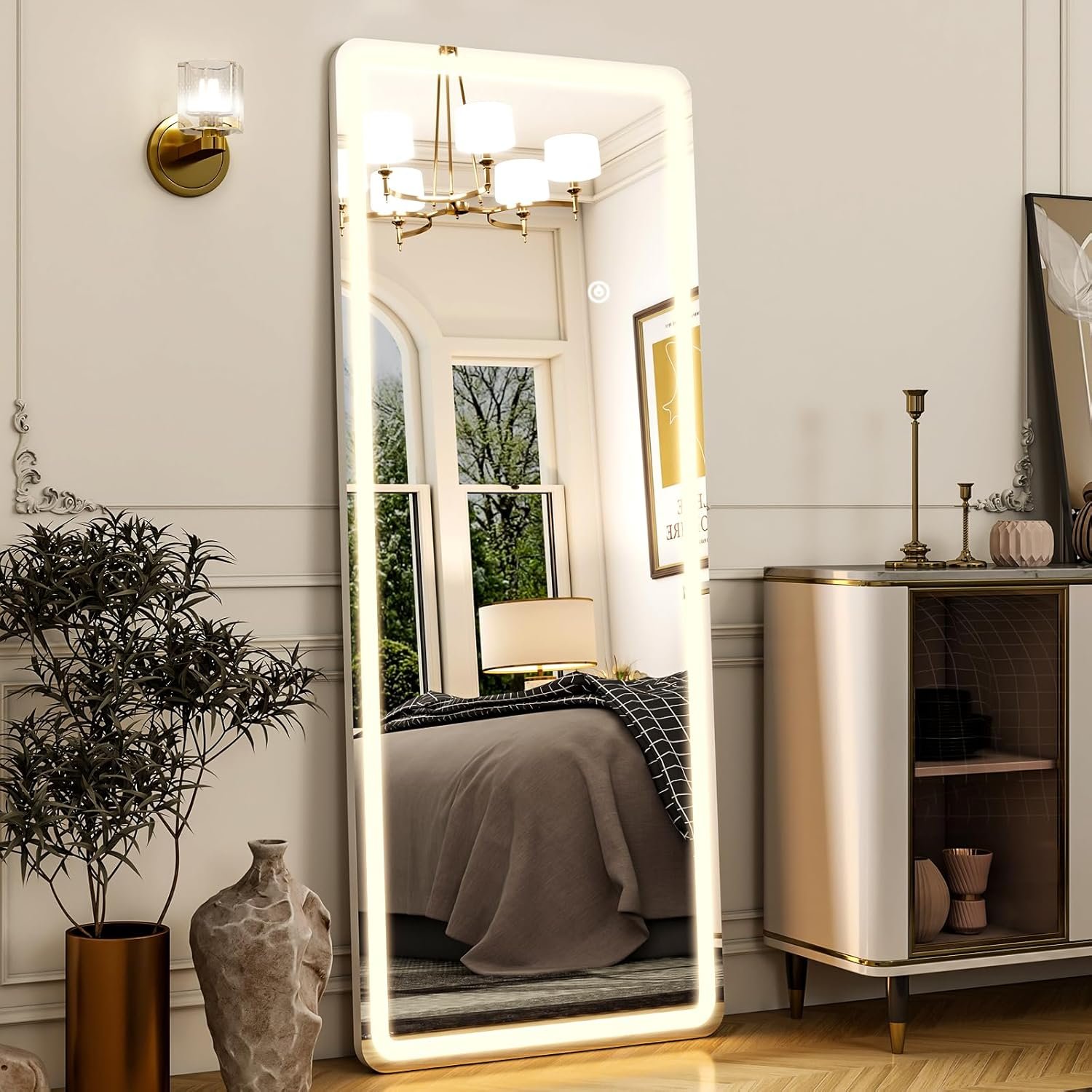 Easly 21″x56″ Rectangular Full Length Mirror with LED Lights, Standing or Wall-Mounted Full Body Mirror with Stand, Dimmable 3-Color Lighted Floor Mirror for Bedroom, Dressing Room, Cloakroom