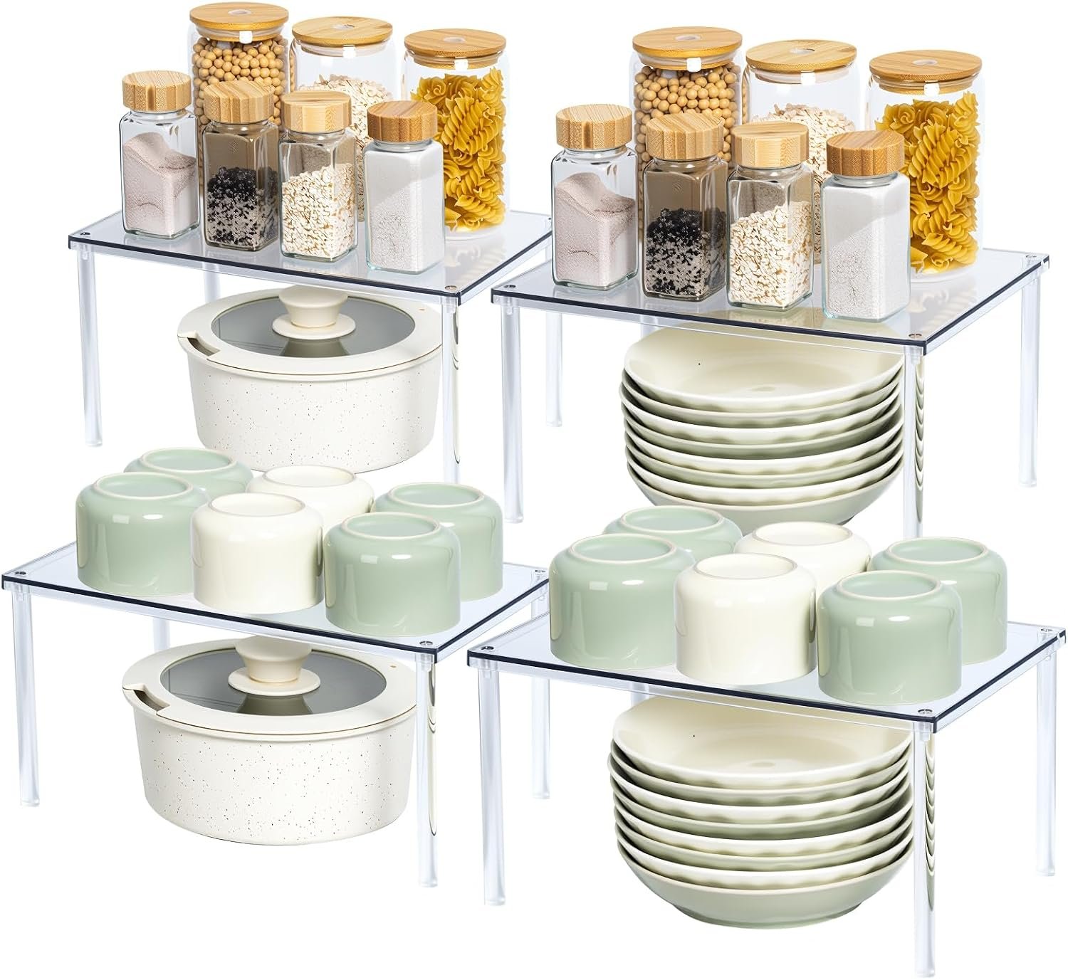 Bobomoment Acrylic Cabinet Organizer, Set of 4 Spice Rack Organizer for Cabinet, Desk Countertop Shelf Organizer, Pantry Kitchen Storage and Organization, Stackable Shelves House Essentials for Gift
