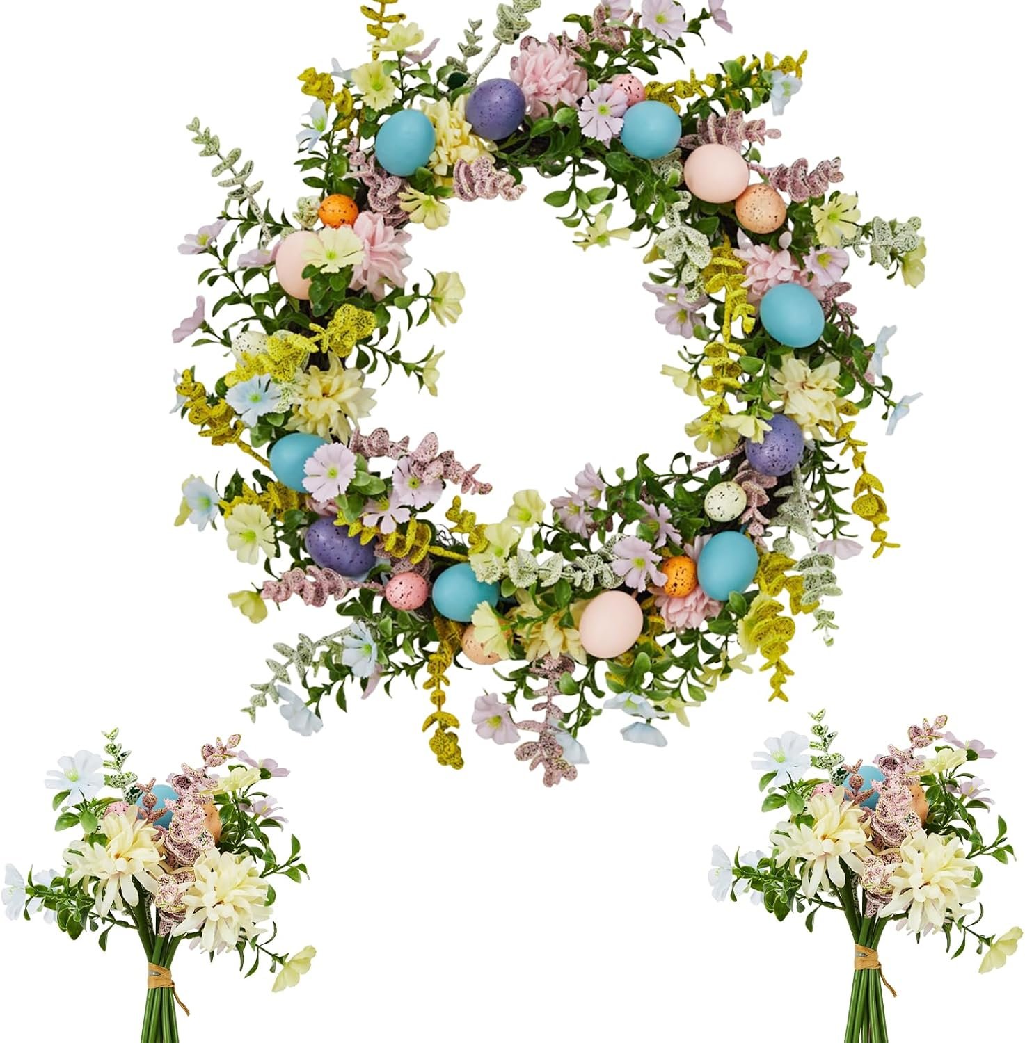 Easter Wreath for Front Door – 18in Spring Flower Wreath with Easter Eggs & Lush Greenery, Artificial Floral Door Wreath on Real Rattan Base, Includes 2 Matching Bouquets for Spring Front Door Decor
