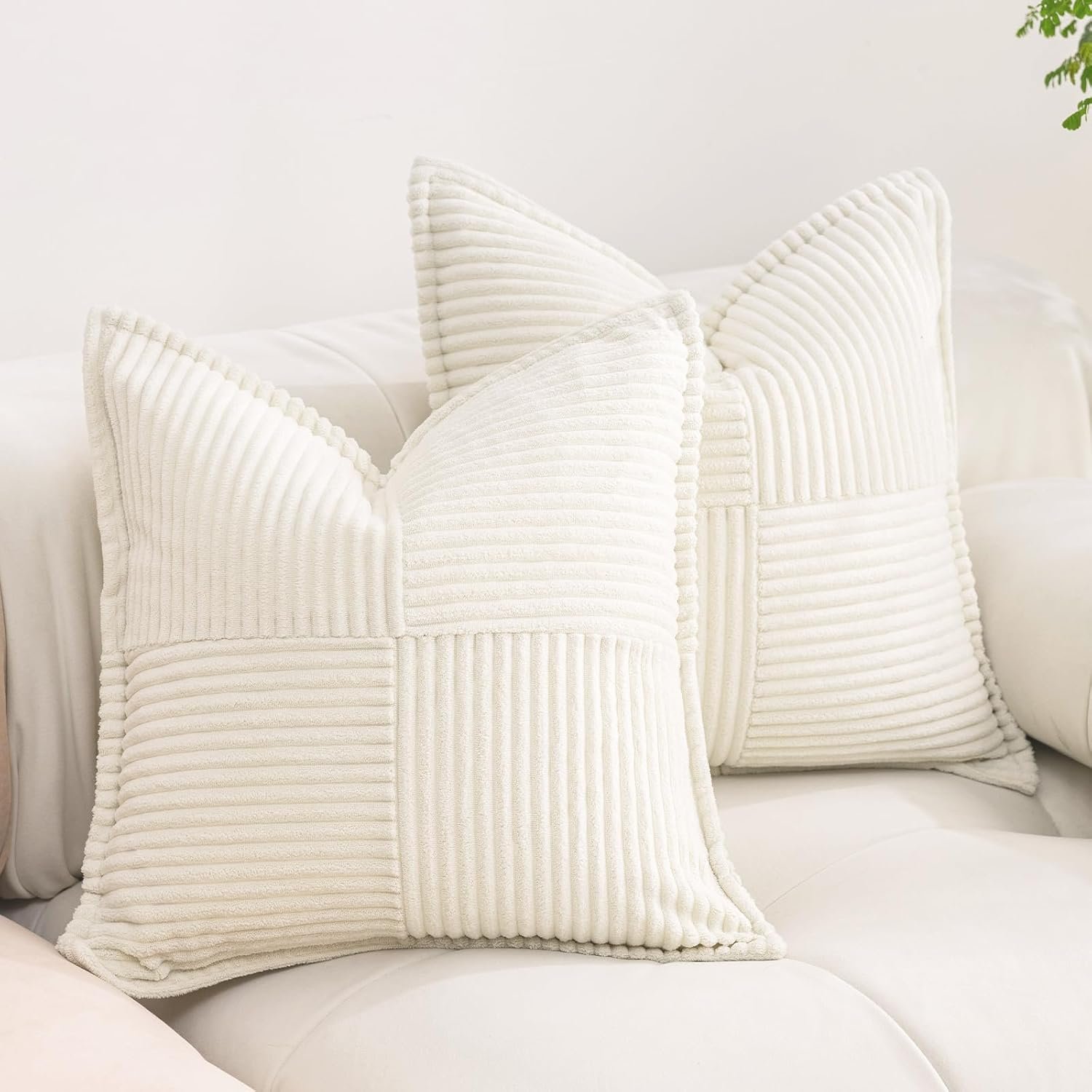 Puncuntex Corduroy Cream White Throw Pillow Covers 18×18 Inches Set of 2 Boho Decorative,Super Soft Cozy Striped Cushion Covers for Couch,Sofa,Farmhouse,Living Room,45×45CM