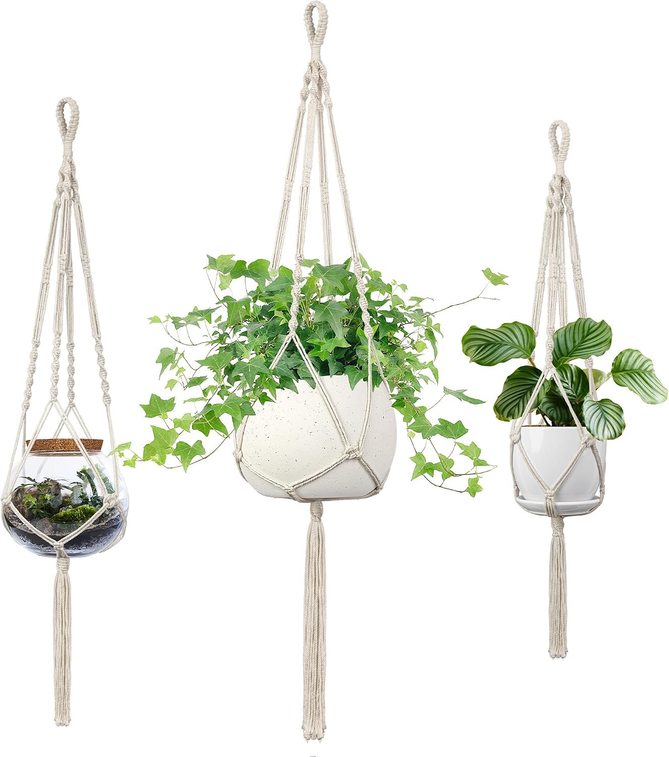 Macrame Plant Hanger – Fits 4-13 Inch Pots, 34″/41″/46″ 3 Sizes Set, Hanging Planter Holder for Indoor Outdoor, Cotton Rope with Tassels Boho Home Decor, Ivory