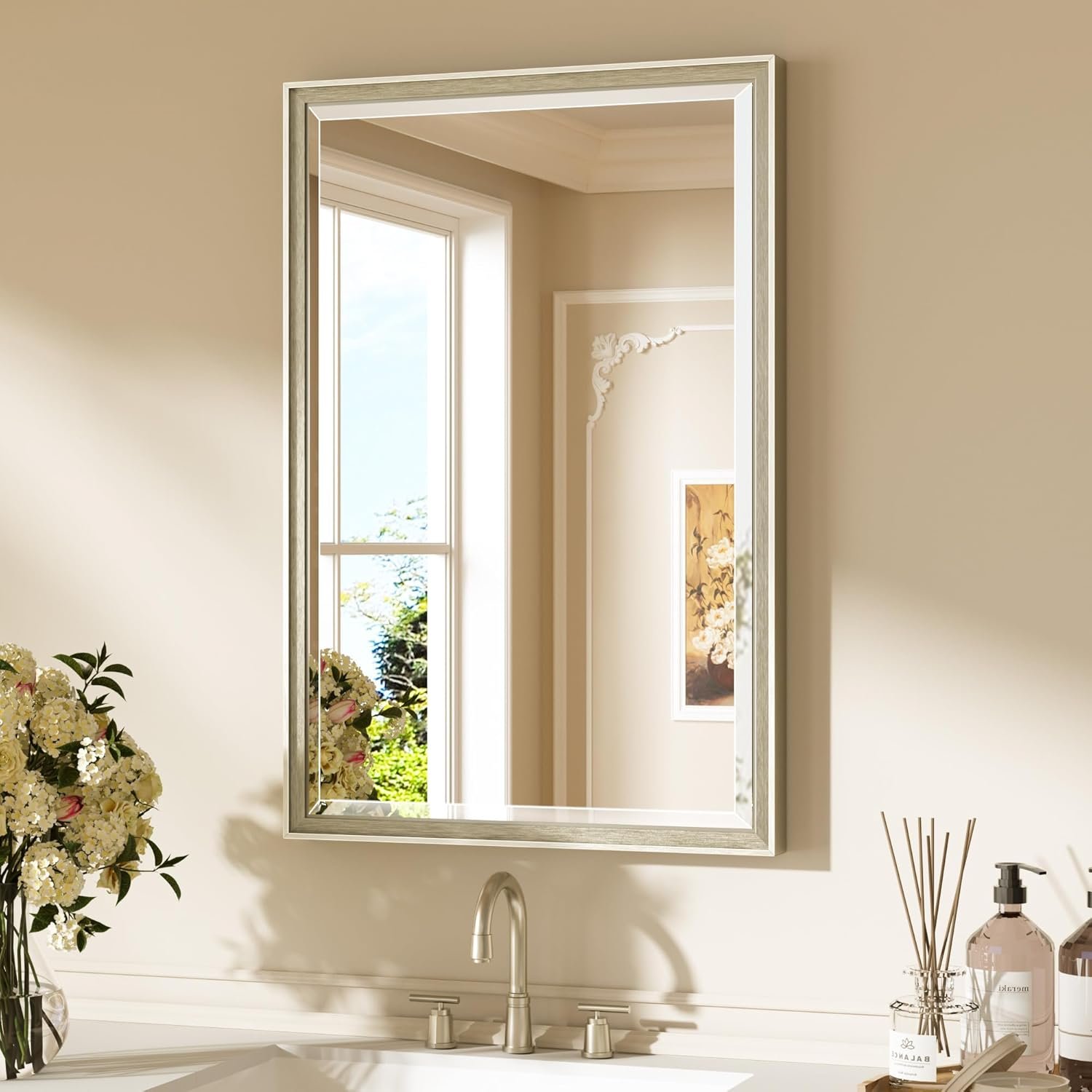 Keonjinn 20″ x 30″ Brushed Nickel Bathroom Mirrors for Over Sink, Silver Vanity Mirror for Wall, Thick Metal Framed, Beveled Edge Tempered Glass, Modern Farmhouse Rectangle Mirror for Bathroom Decor