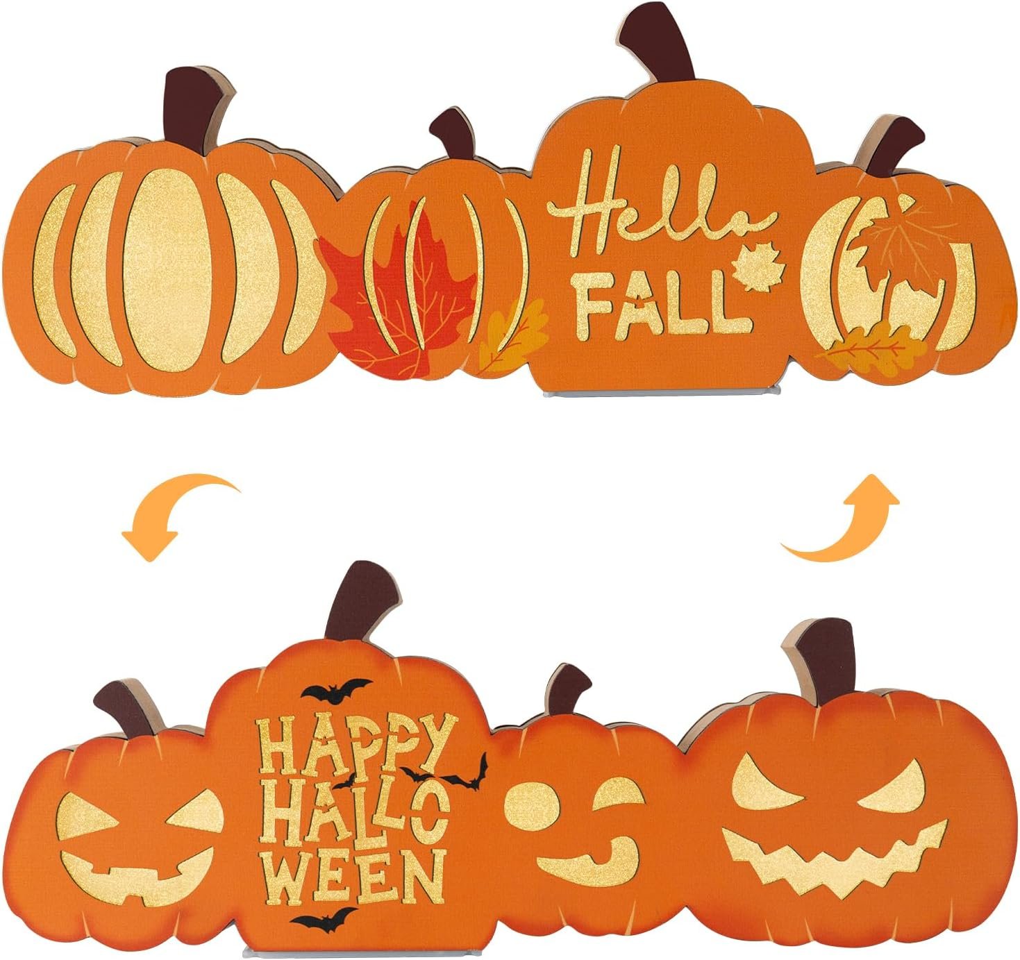 Fall Thanksgiving Halloween Double Side Lighted Pumpkin Table Sign, 3d Autumn Wooden Tabletop Centerpieces Decor, Holiday Decorations Indoor With LED Lights For aTiered Tray, Mantle, Home, Desk, Office, Party