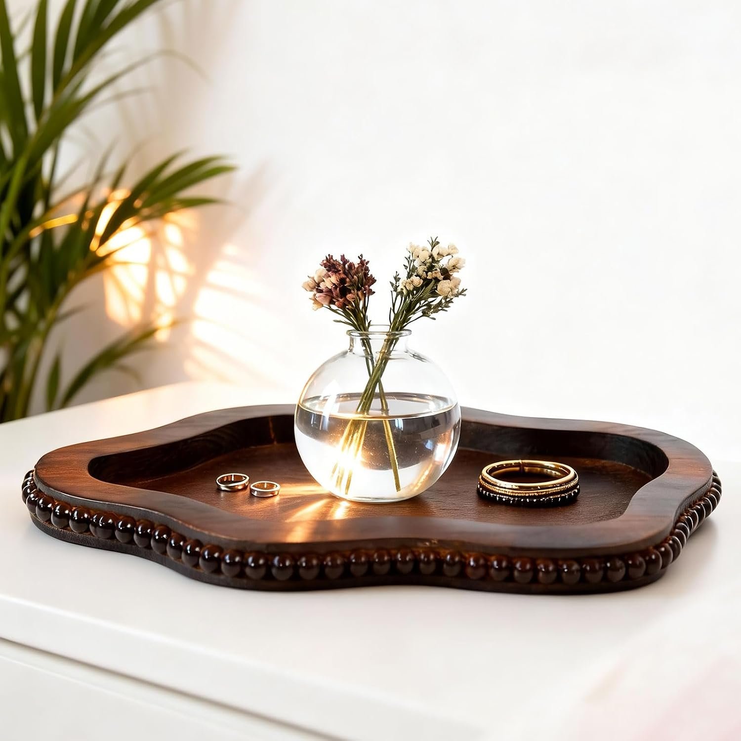Small Wooden Decorative Tray with Bead, Cloud Candle Tray Perfume Tray Coffee Table Decor Vintage Cloud Storage Ottoman for Coffee Table, Dining Room and Living Room Brown