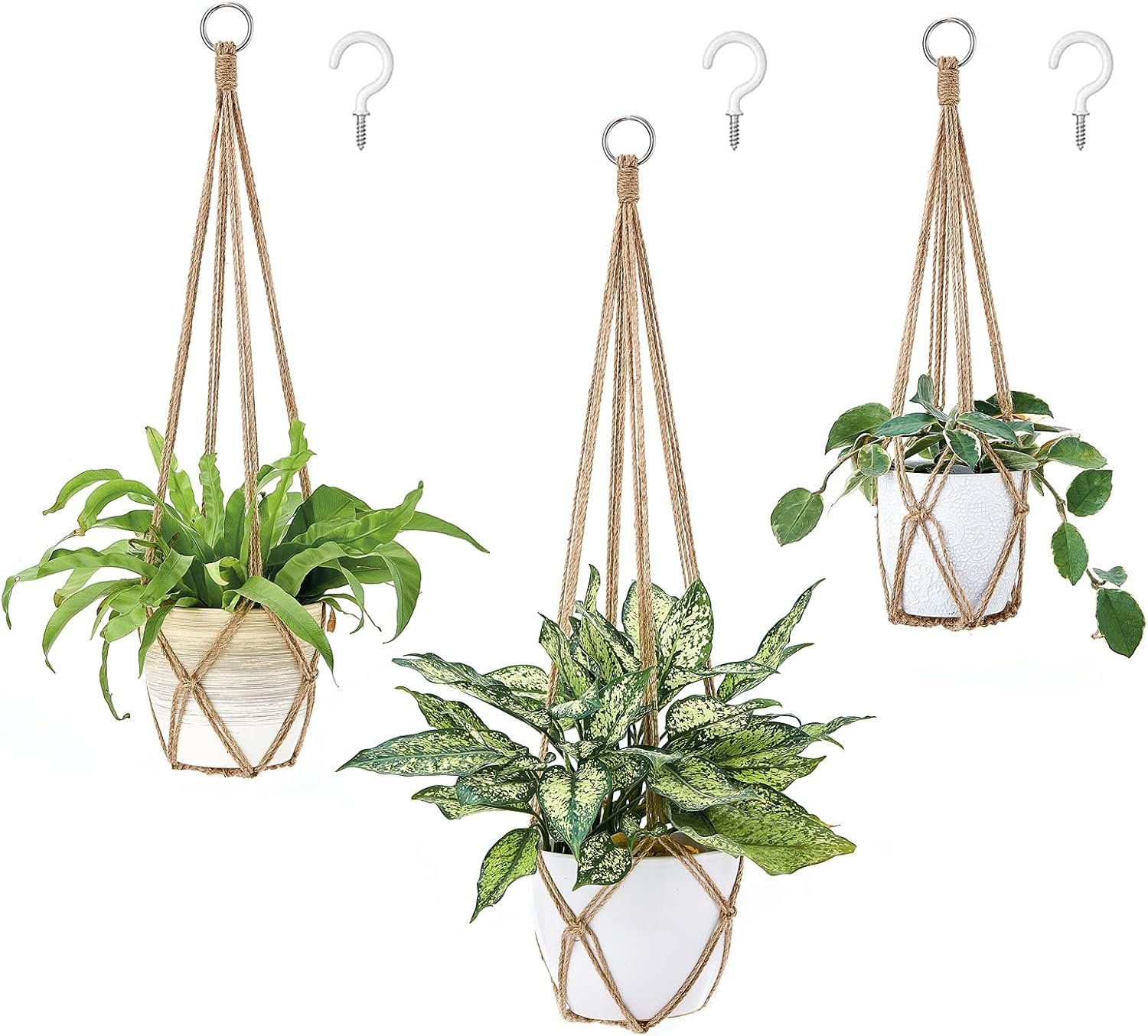Dahey Macrame Plant Hanger Set of 3 with Hooks Indoor Hanging Planter Basket 35″/29″/23″ Handmade Woven Cotton Rope Flower Pot Crochet Plant Holder Stand for Boho Home Decor No Tassels,Brown
