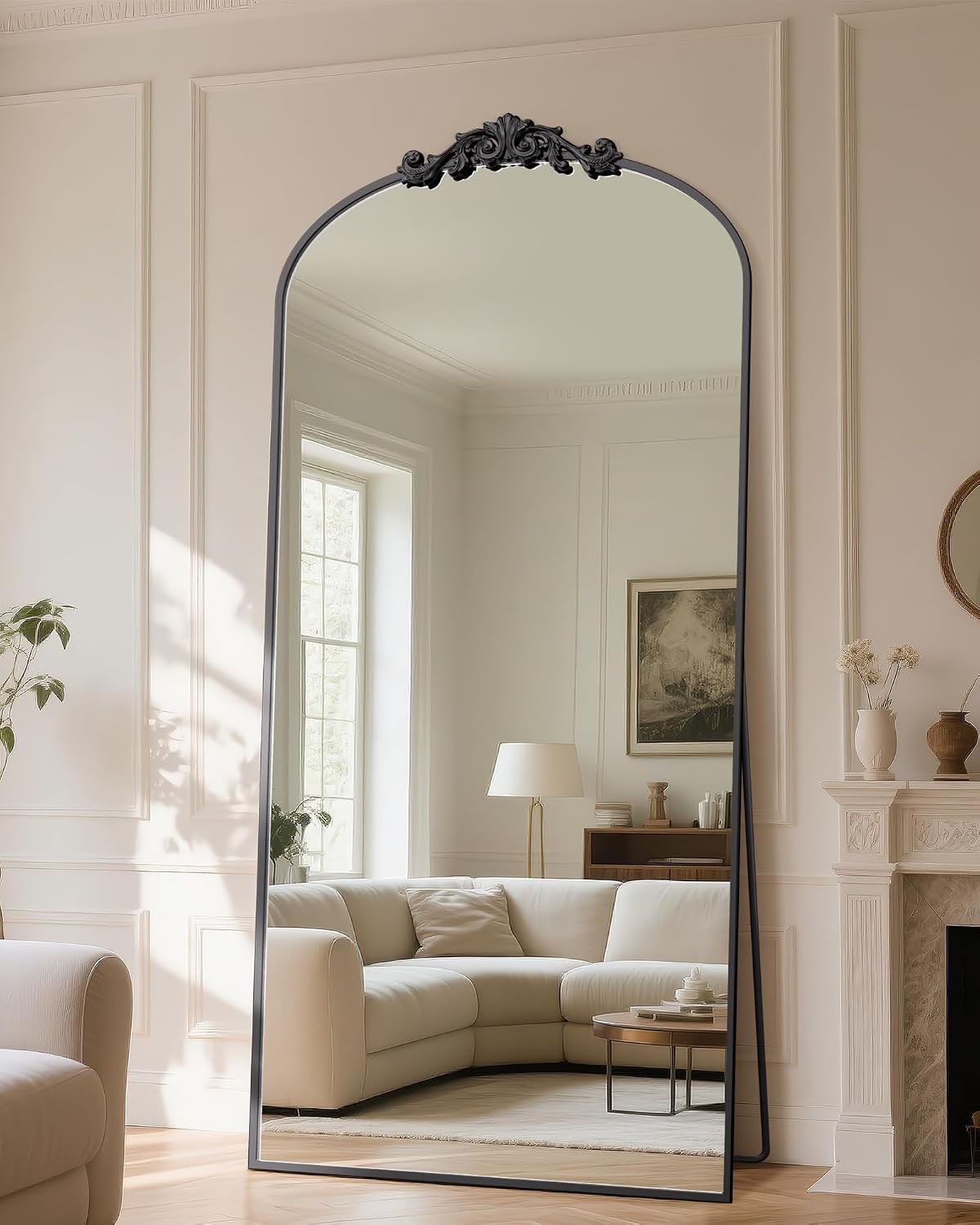 Antok Arched Full Length Mirror, 78″x38″ Floor Mirror with Carved, Full Body Mirrors for HomeDecor, Standing/Halling Large Wall Mirror for Bedroom, Living Room, Cloakroom, Black, Retro Style