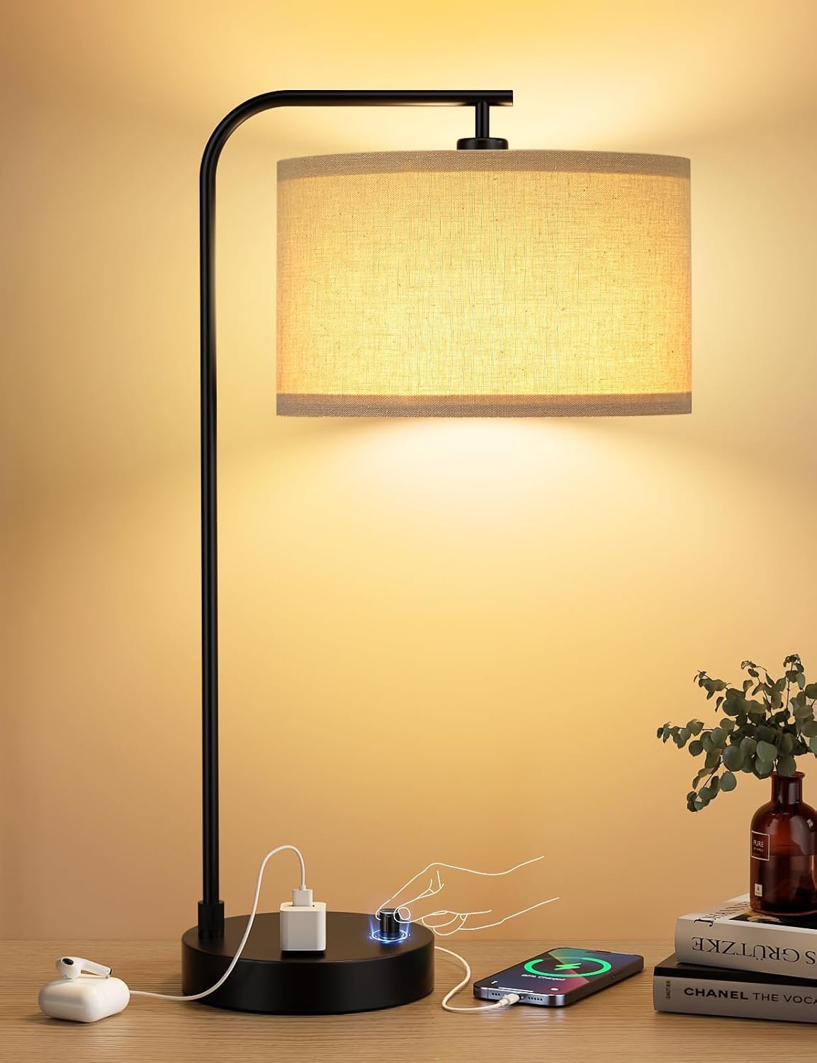 Innqoo Tall Table Lamp with USB Port and Outlet, Dimmable Nightstand Bedside Lamps with Linen Lampshade, Desk Lamp for Bedroom, Living Room, Guest Room, Home Office, LED Bulb Included