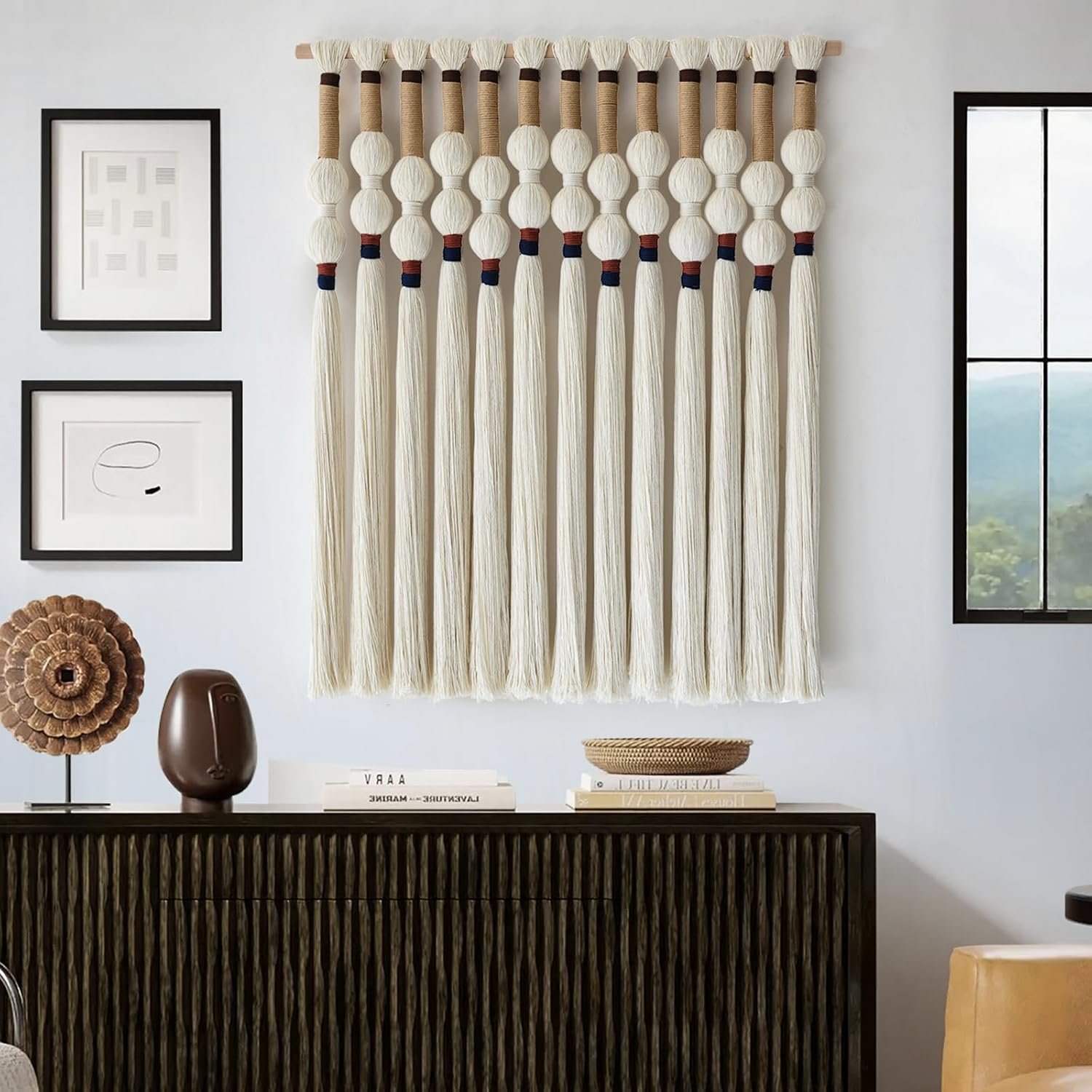 Macrame Wall Hanging Boho Wall Art Handmade Spherical Knot 27″ W x 33″ L | Handmade Spherical Knot Design, Tassel Fringe, Bedroom Living Room Decor, 27″ W x 33″ L