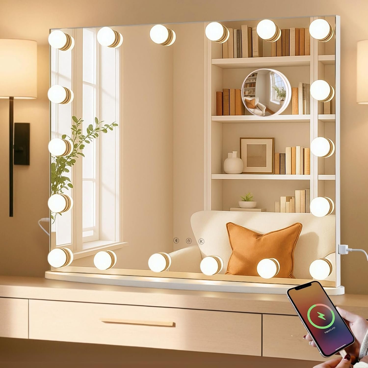 LUXFURNI Vanity Mirror with Lights, 23.6″ x 20.5″ Hollywood Mirror, Light Up Makeup Mirror with 18 LED Bulbs for Bedroom Desk, 3 Color Lighting Modes, Tabletop & Wall Mount, USB Charging Port