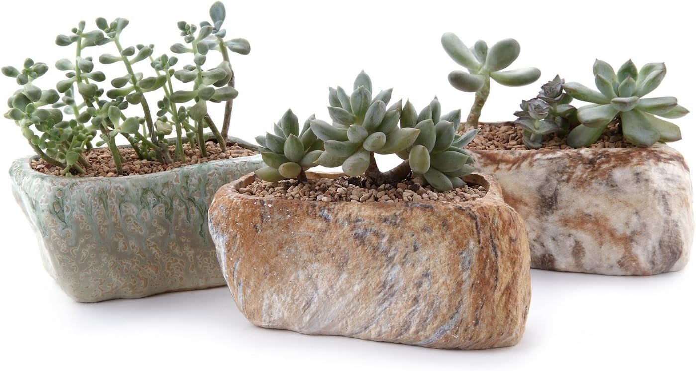 T4U 5.5 Inch Ceramic Succulent Pot Planter with Drainage Hole Set of 3, Stone Shape Rectangle Window Box Cactus Plant Containers Gift for Mom Sister Aunt Best for Home Office Table Desk Decoration | Realistic Stone Look Design, Lightweight and Durable, Drainage Hole, for bonsai, Cactus, Herbs, Indoor Home Office Decor