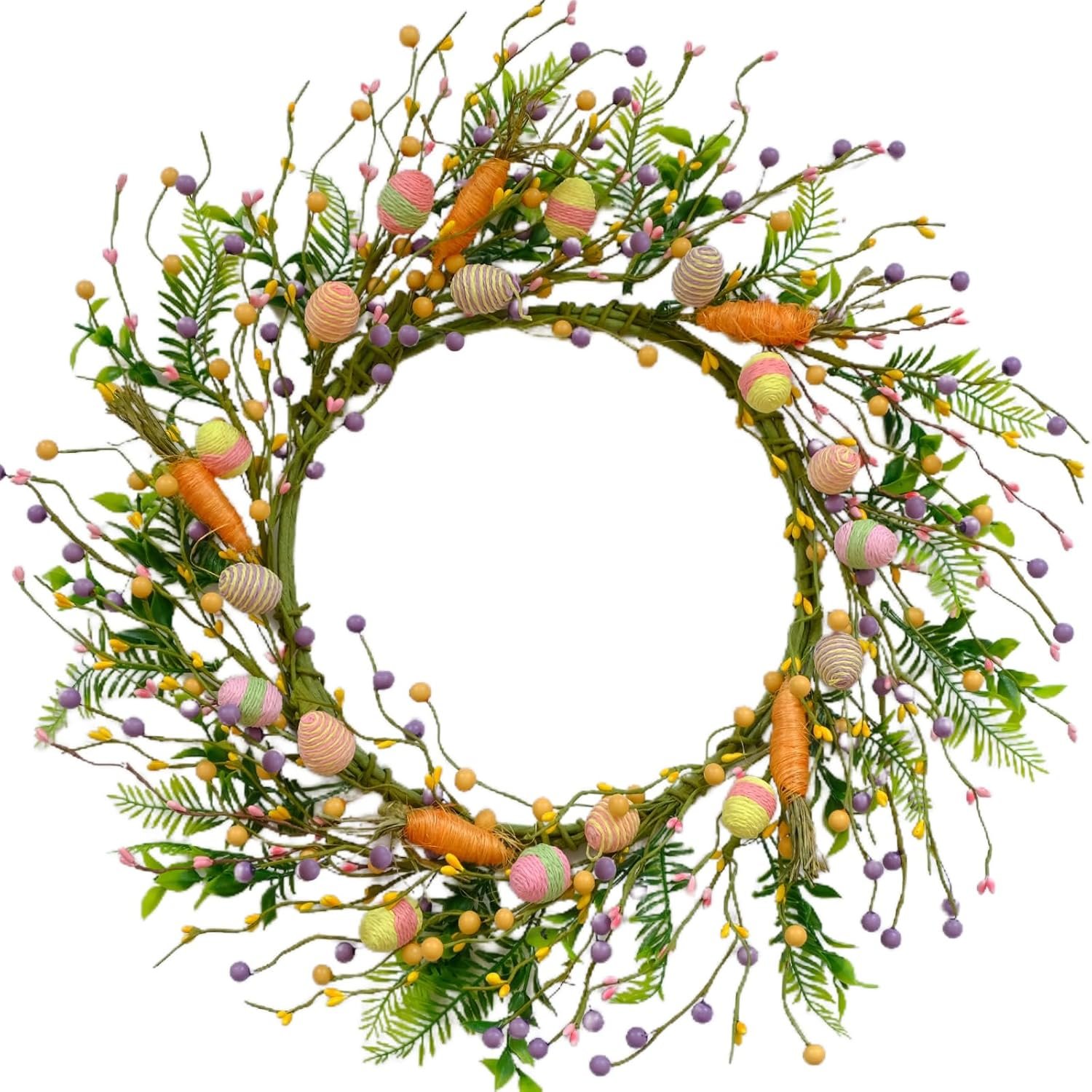 Easter Wreaths for Front Door, 22 inch Easter Door Wreath Decorations with Eggs Berry, Artificial Spring Wreath with Carrot for Home Wall Window Farmhouse Outdoor Decor