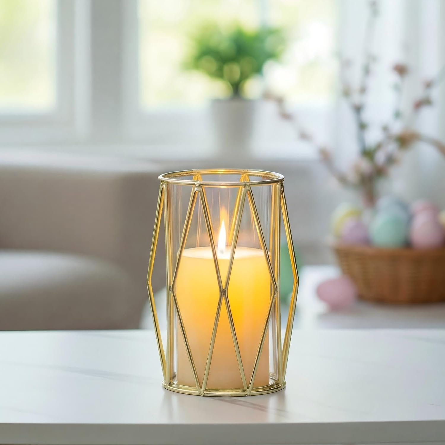NUPTIO Gold Geometric Hurricane Candle Holder, 1 Piece | Dual-Use Clear Cylinder Vase, Diamond Metal Frame, for Flowers, Pillar Candles, Table Centerpieces