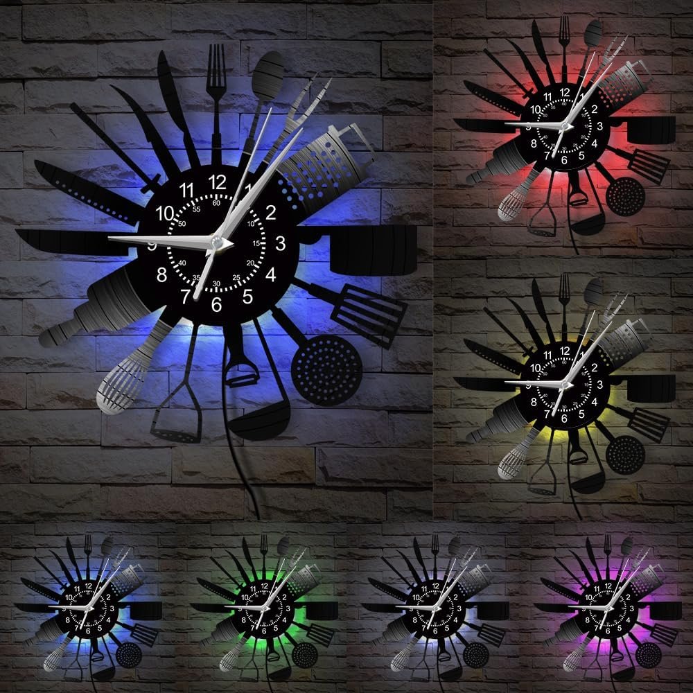12” Cutlery Kitchen Wall Clock 7 Kinds of LED Color, Cooking Set Wall Watch Clock with Fork and Spoon Dial Silent Vinyl Record LED Night Light Wall Clock for Kitchen Dining Room Restaurant
