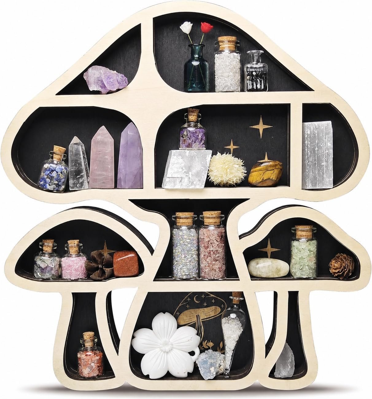 Mushroom Decor Floating Shelves, Crystal Display Shelf for Wall, Cute Whimsy Mushroom Wall Decor, Rock Gem Stone Organizer, Essential Oil Holder Hanging Case, Meditation Art Spiritual Gift