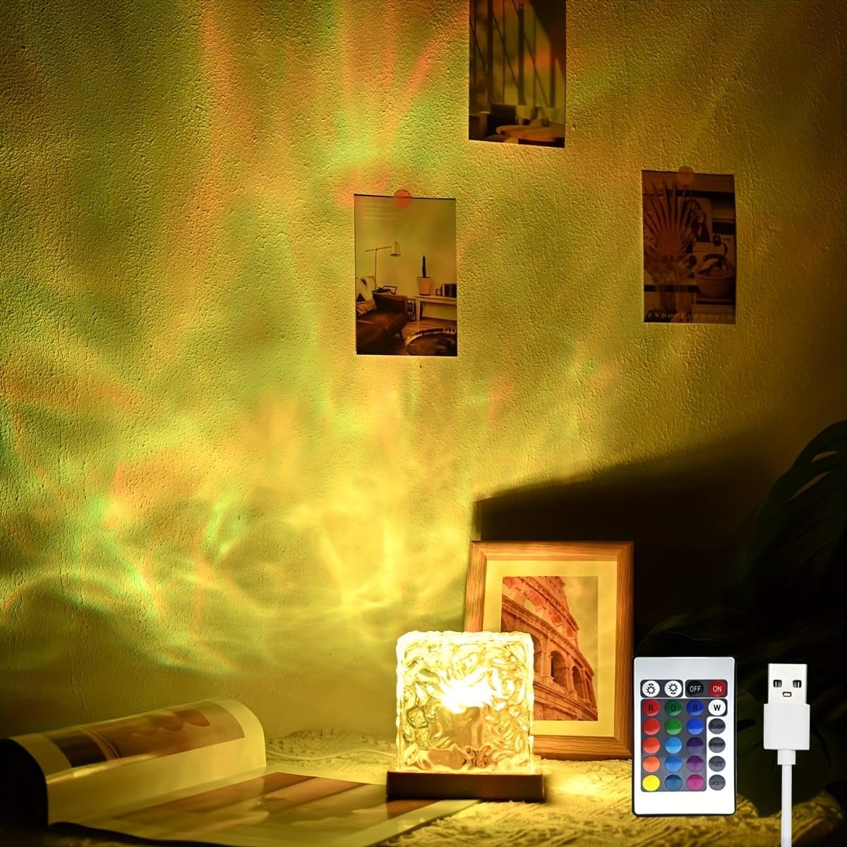 YXQUA Northern Lights Ocean Wave Projector Light, Galaxy Light Projector, 16 Colors Gradual Rotating Flame Water Ripple Ambient Night Light Non-Wood for Bedroom, Room Decor, Kids Room (Plug-in)