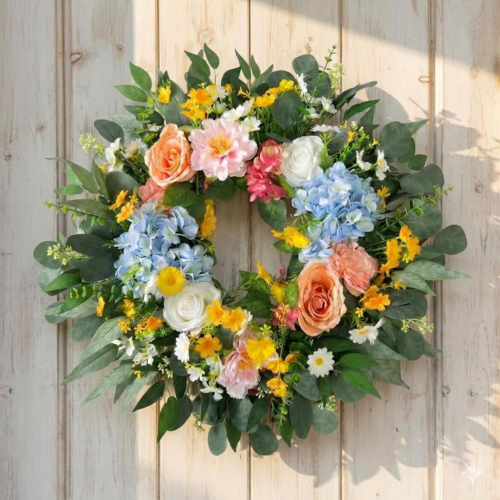 26 Inch Spring Summer Wreath for Front Door with Hydrangea, Peony & Rose – Wild Flowers Eucalyptus Leaves, Summer Wreath for Home Decor Farmhouse Wall Window Spring Decor Indoor Outdoor Decor