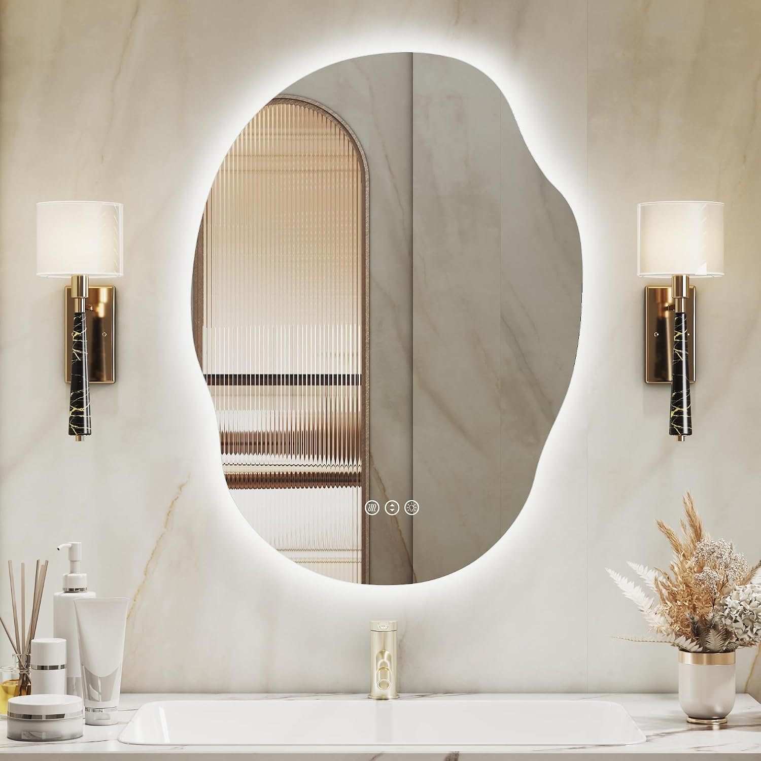 Irregular Backlit LED Bathroom Mirror for Wall 22″x30″, Asymmetrical Lighted Vanity Mirror with Light, 3 Colors and Stepless Dimmable, Shatterproof, Defogger, Memory (Vertical or Horizontal)