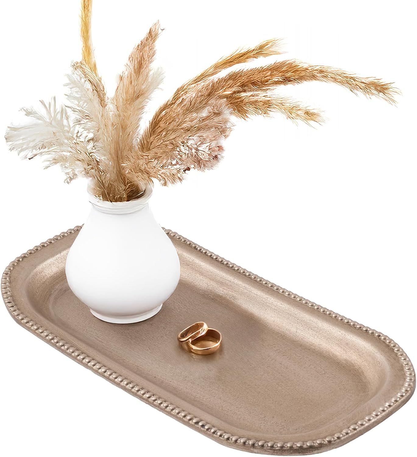 Wooden Decorative Tray, 13.9×5.9″ Oval Distressed Boho Coffee Table Tray Decor, Kitchen Dining Table Trays Farmhouse Home Decor, Wood Beaded Rustic Trays for Living Room, Bathroom (Golden Brown)