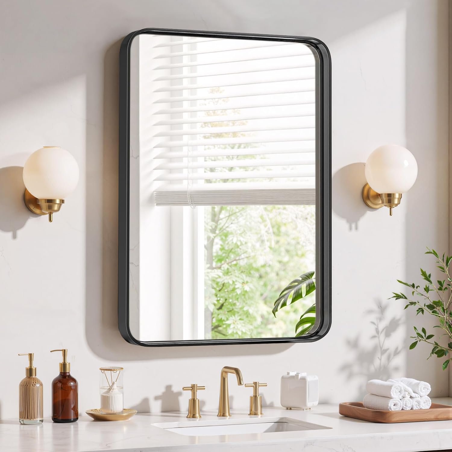 Bathroom Mirror 30×22 Inch Black Metal Frame Rectangle Vanity Mirror with Rounded Corners, Modern Wall Mounted Anti-Rust Mirror for Farmhouse, Restroom, Entryway, Horizontal or Vertical Hanging